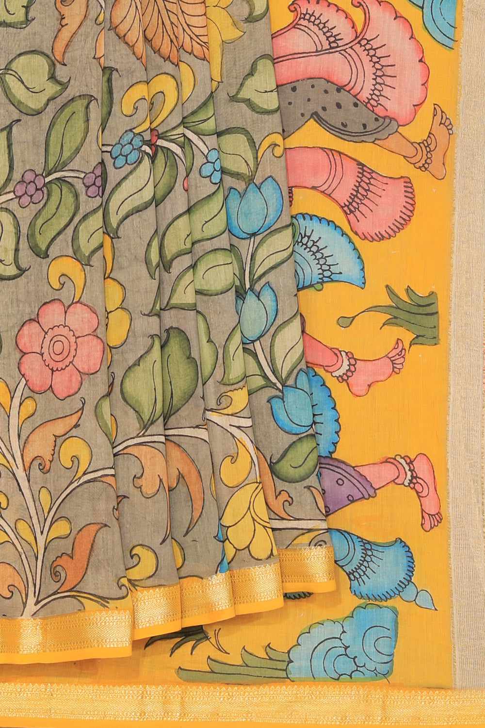 Kalanjali Kalamkari Hand-Painted Grey Saree – Women's
