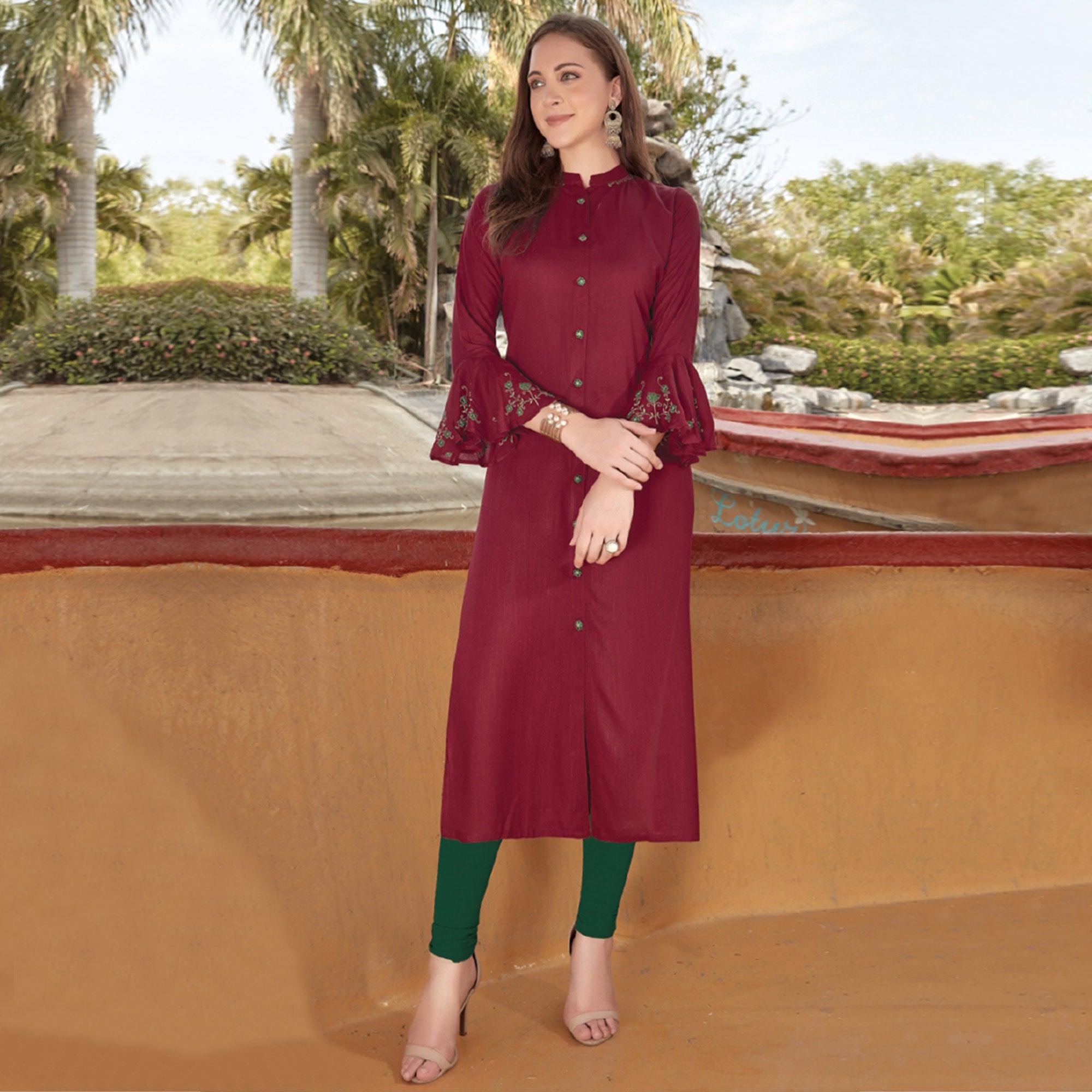 Peachmode Seller Maroon Embroidered Cotton Blend Kurti - view 2