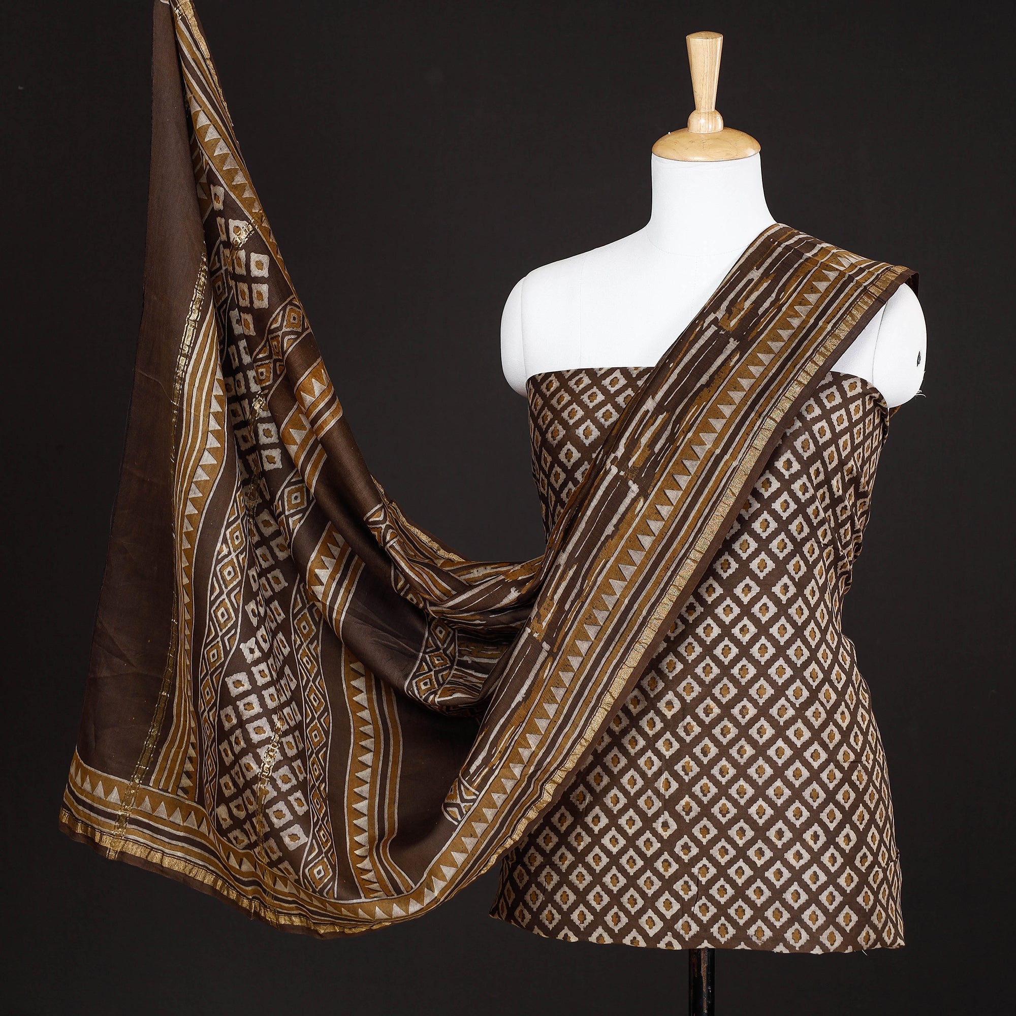 HAVELI CHRONICLES Brown - 3pc Akola Block Printed Chanderi Silk Suit Material Set