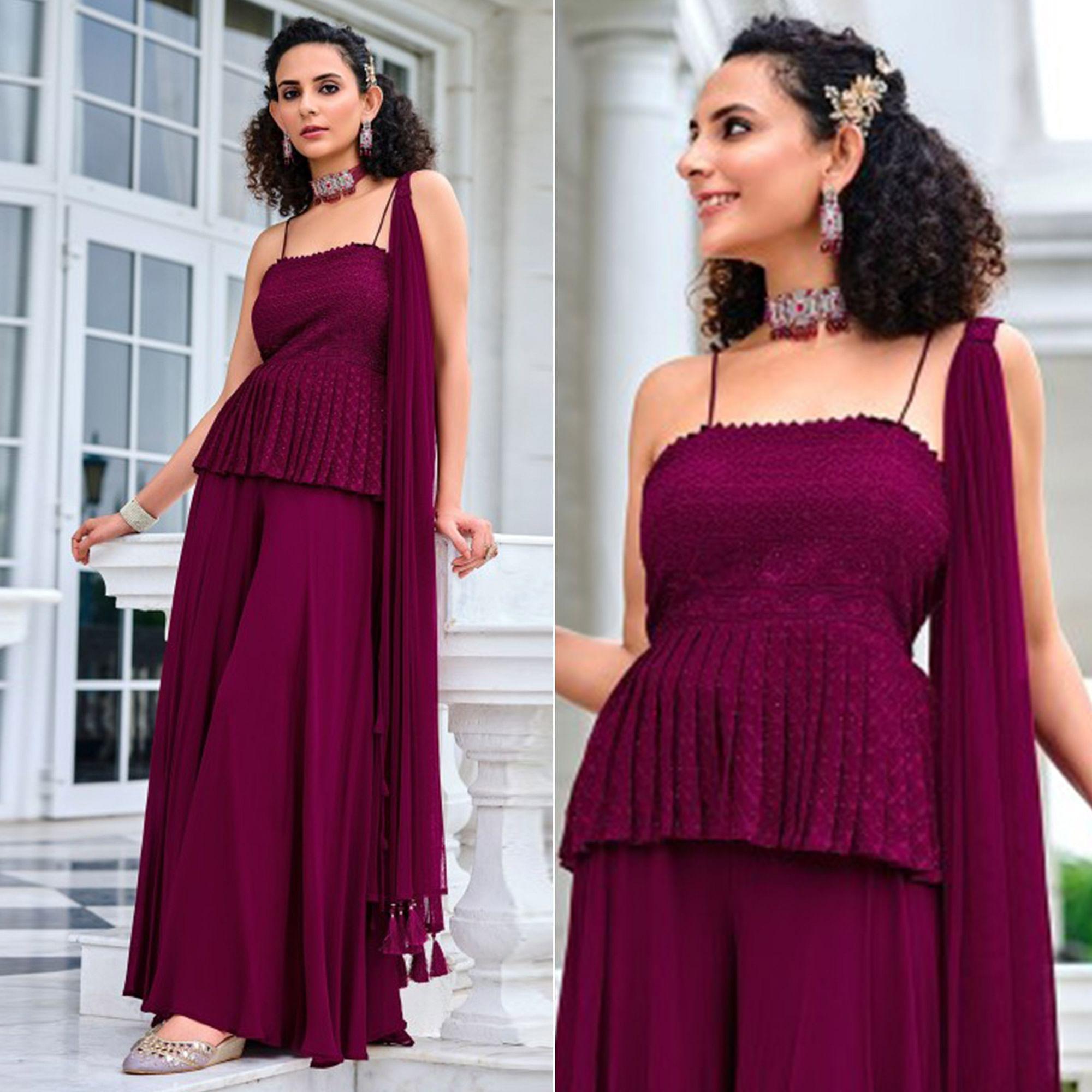 Peachmode Dark Purple Embroidered Georgette Sharara Suit