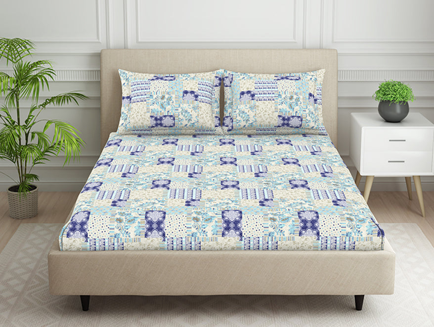 Spaces India Geometric Blue Polycotton Fitted King Harmony - By Welspun