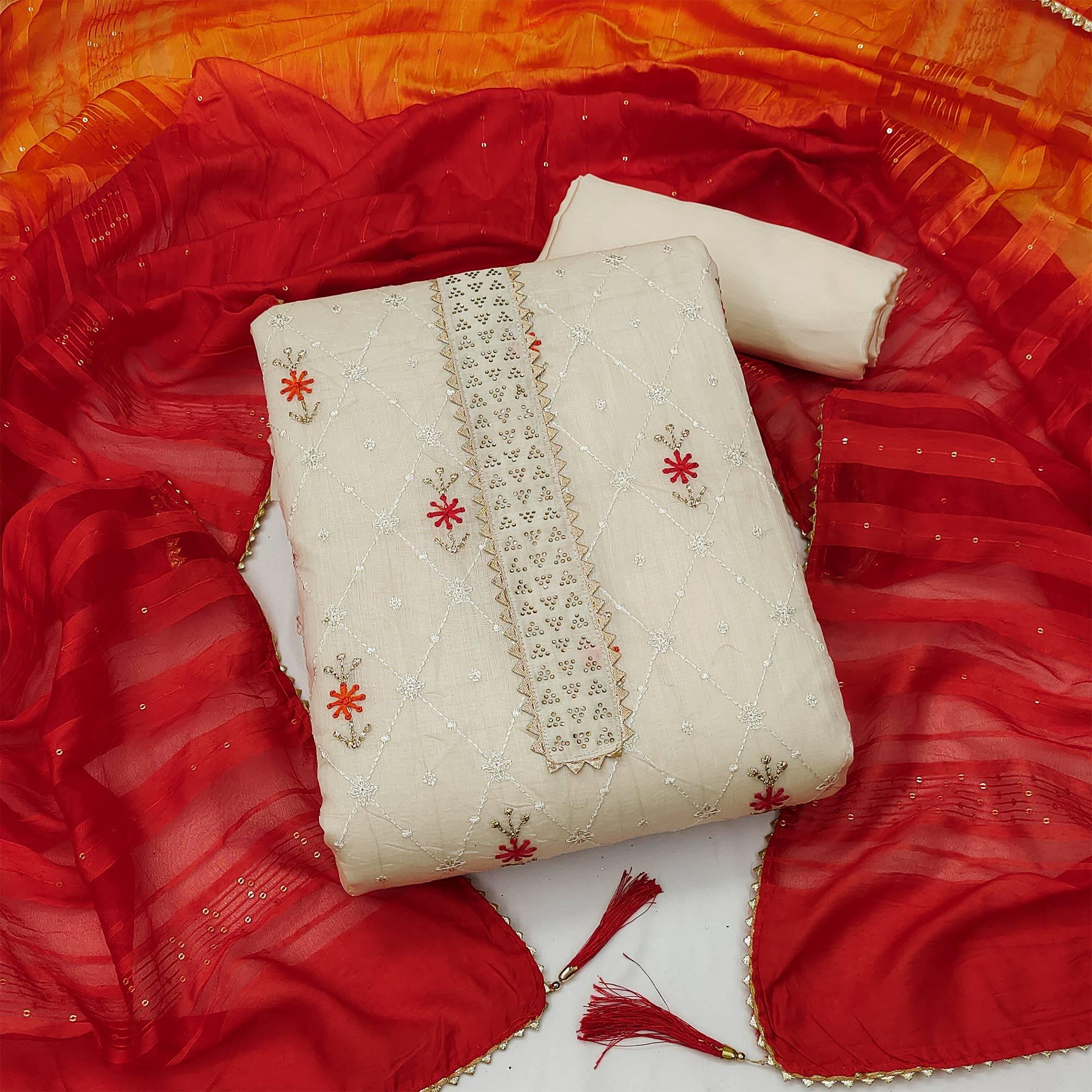 Peachmode Cream Sequins Embroidered Chanderi Dress Material
