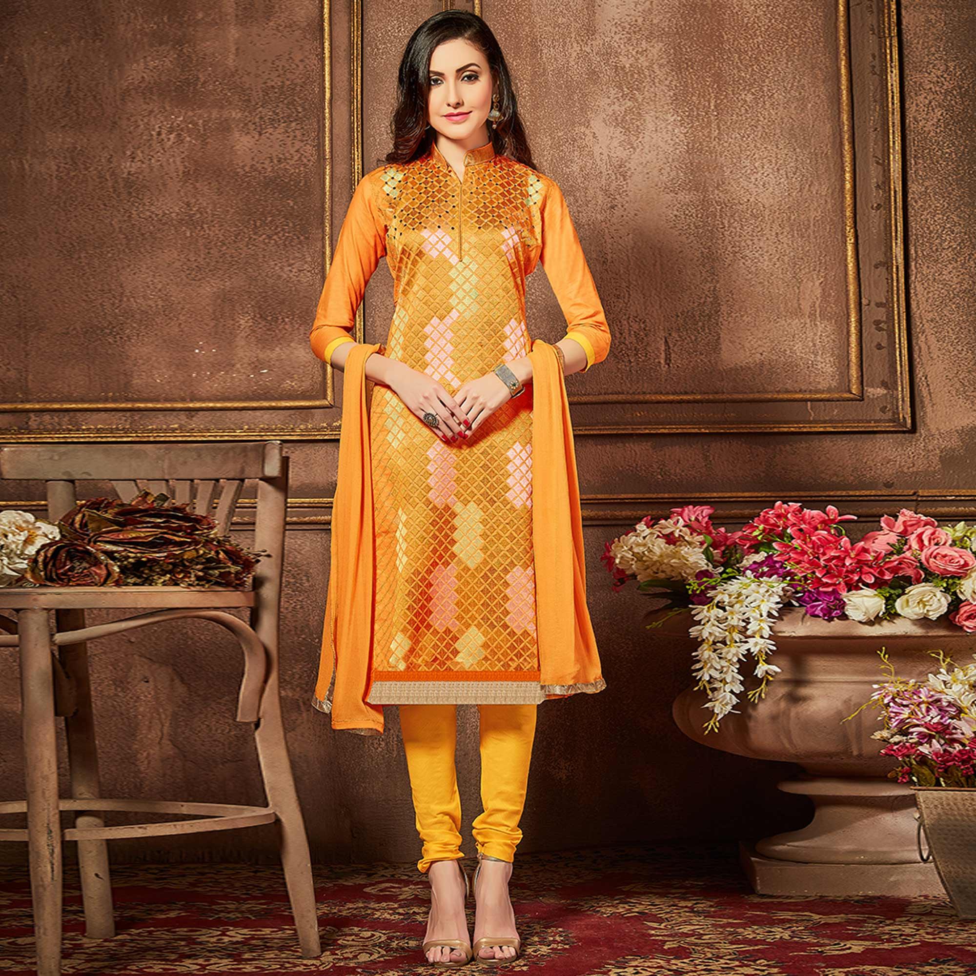 Peachmode Intricate Orange Colored Party Wear Embroidered Cotton Suit