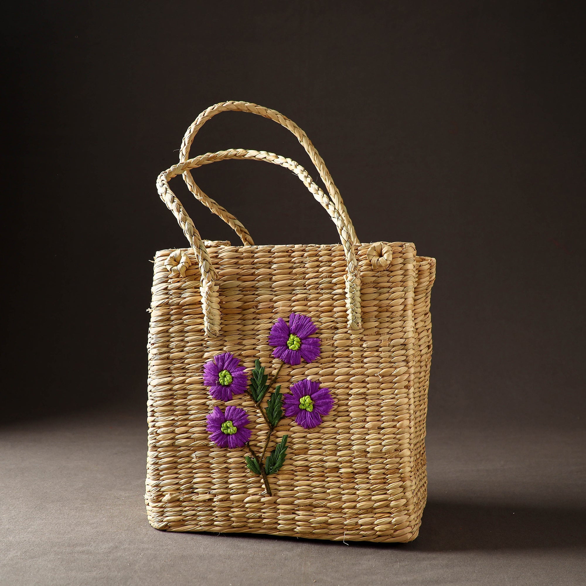 ITOKRI CRAFTS INITIATIVE Beige - Handcrafted Natural Water Reed Embroidered Shopping Bag