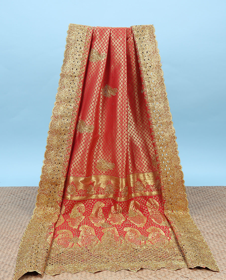 Red jacquard stonework – TheShoppothys Red jacquard & stonework silksaree,zari & stone embroidery scallop cutwork border & pallu of big paisleys with stonework