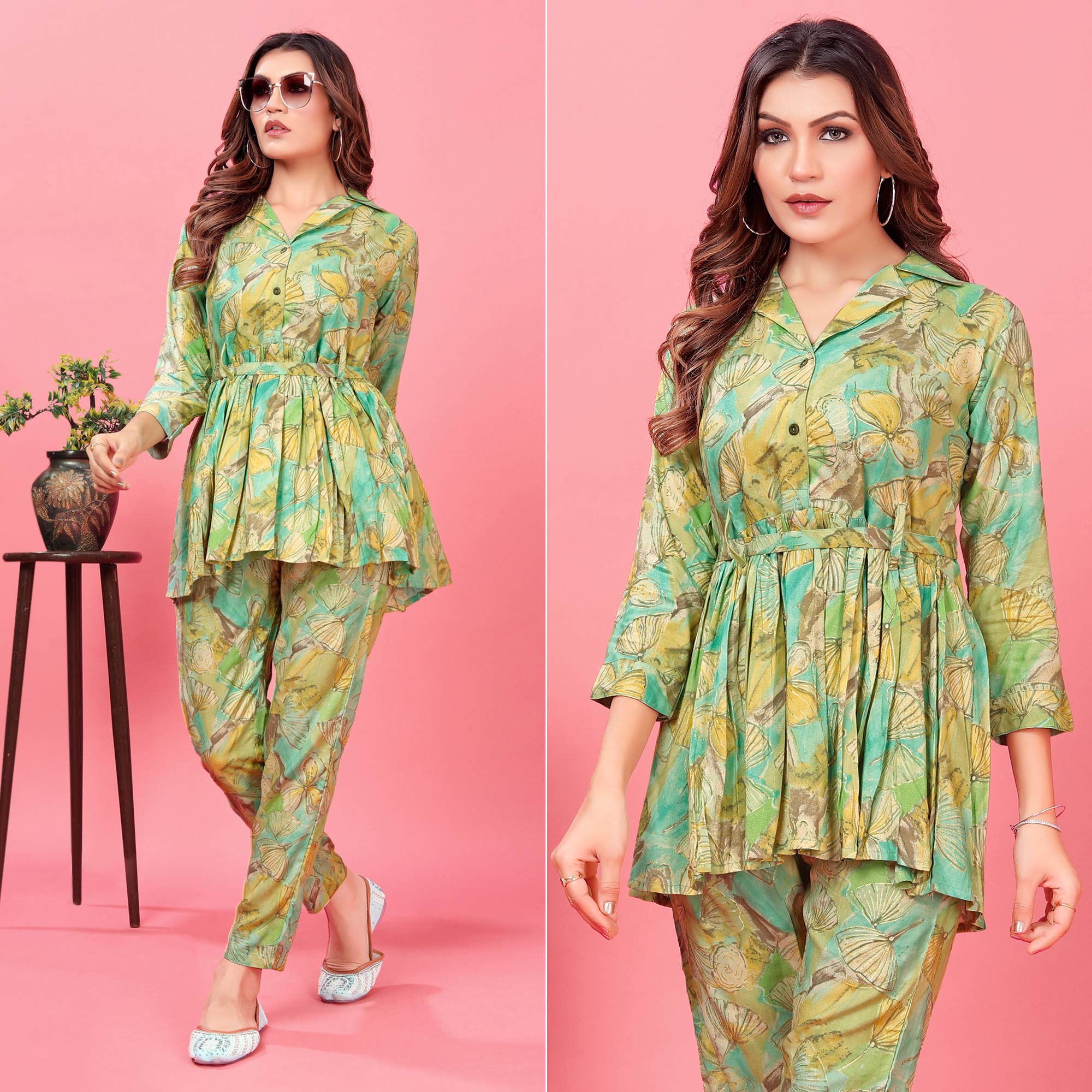 Green co-ords – BlackTree green-floral-printed-rayon-co-ord-set