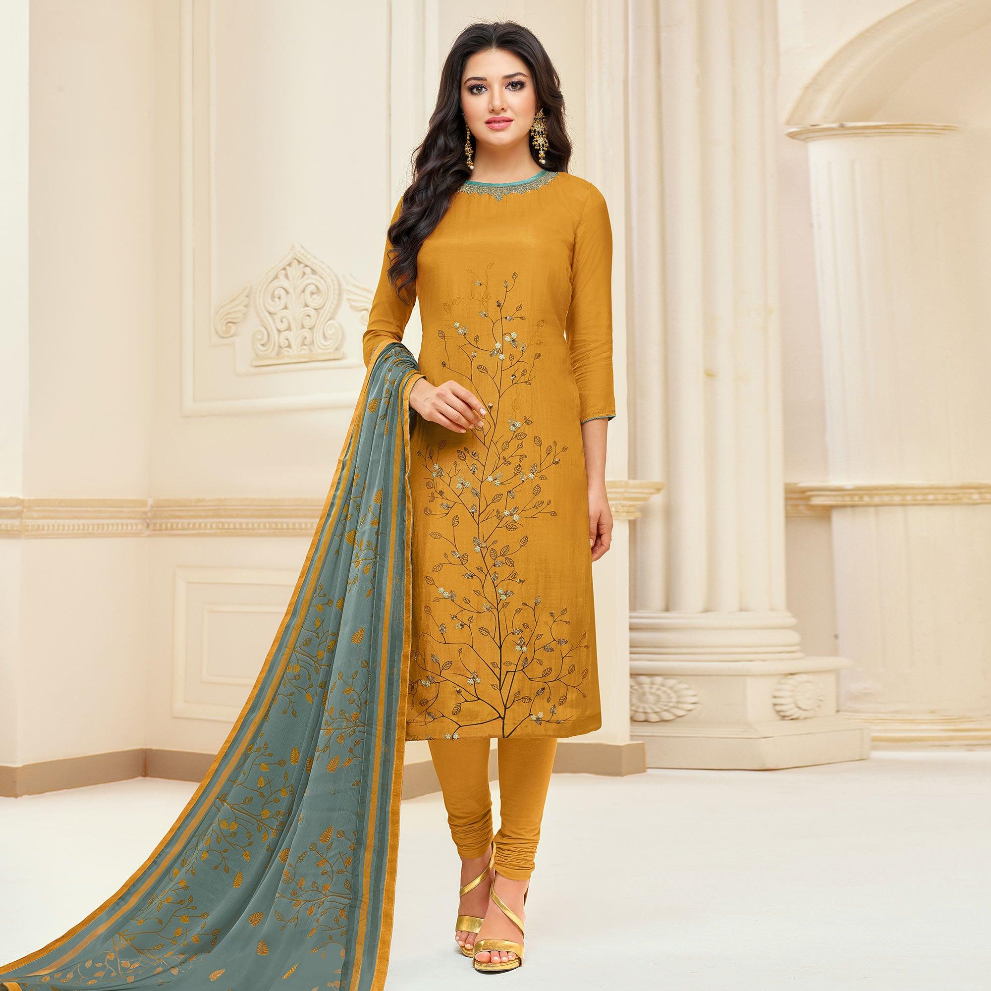 Peachmode Jazzy Mustard Yellow Colored Casual Wear Embroidered Chanderi Dress Material
