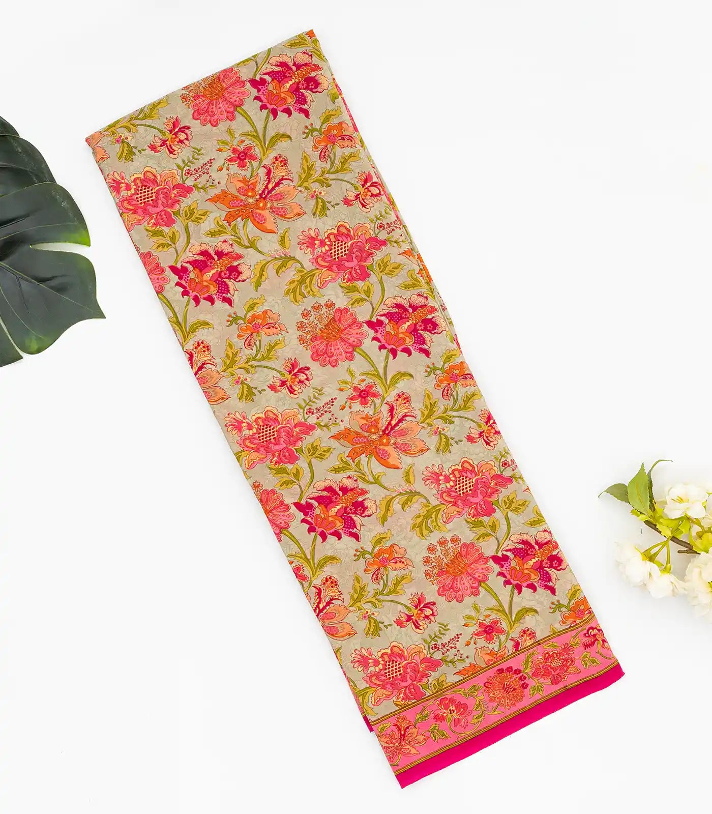 RmKV Beige Woven Digital Printed Crepe Silk Saree With Floral Motifs