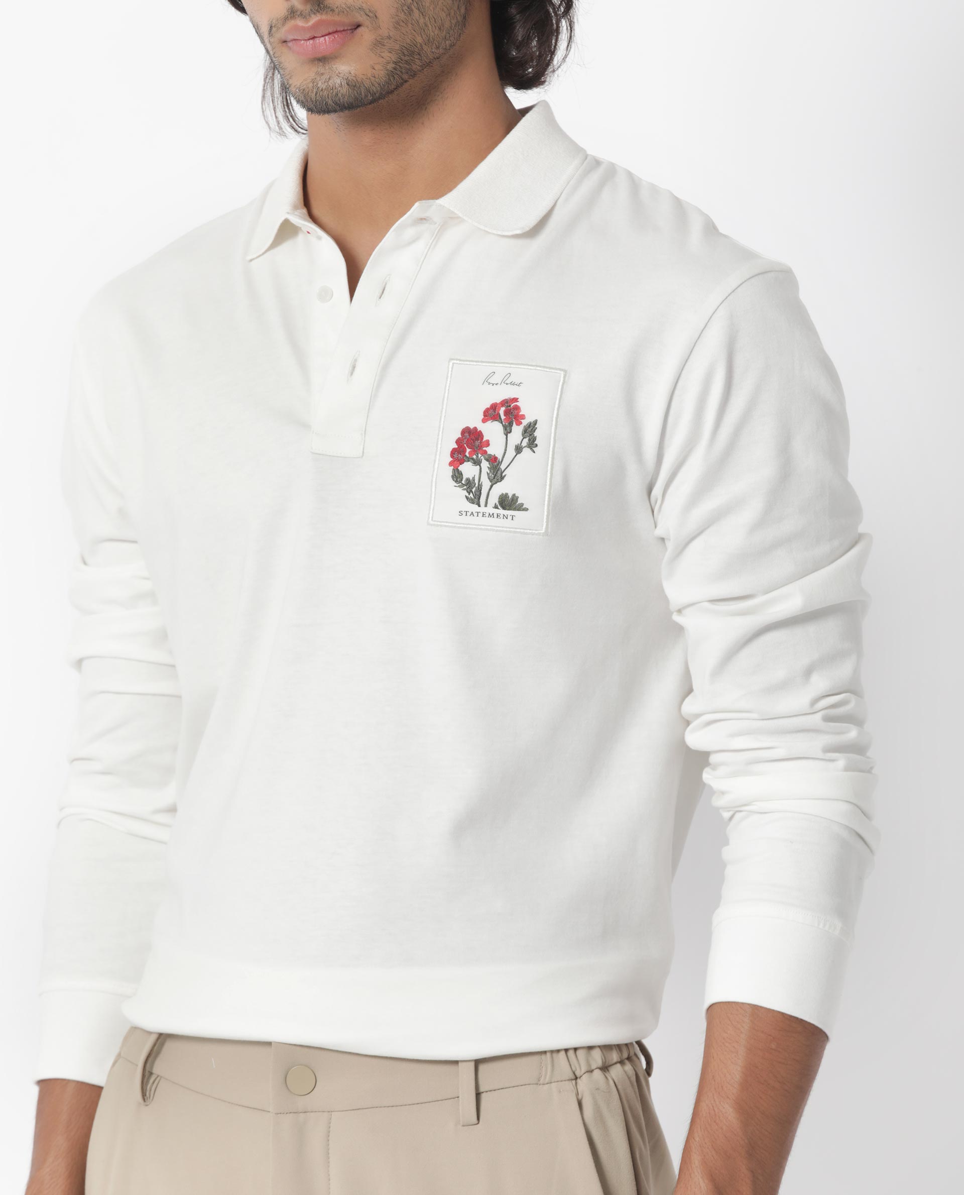 Rare Rabbit Men's Raz Off White Collared Neck Statement Chest Label Full Sleeve Polo T-Shirt - view 4