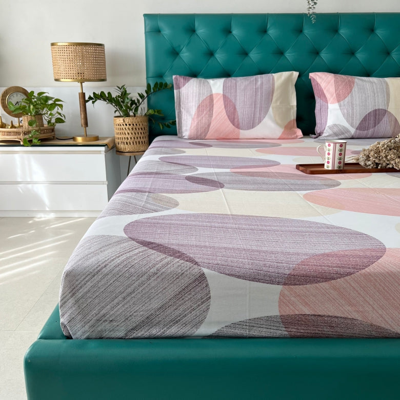 Urban Space -Home Furnishing Store Serene 200 TC 100% Cotton Single Printed Bedsheet with Pillow Covers - Oval Pink