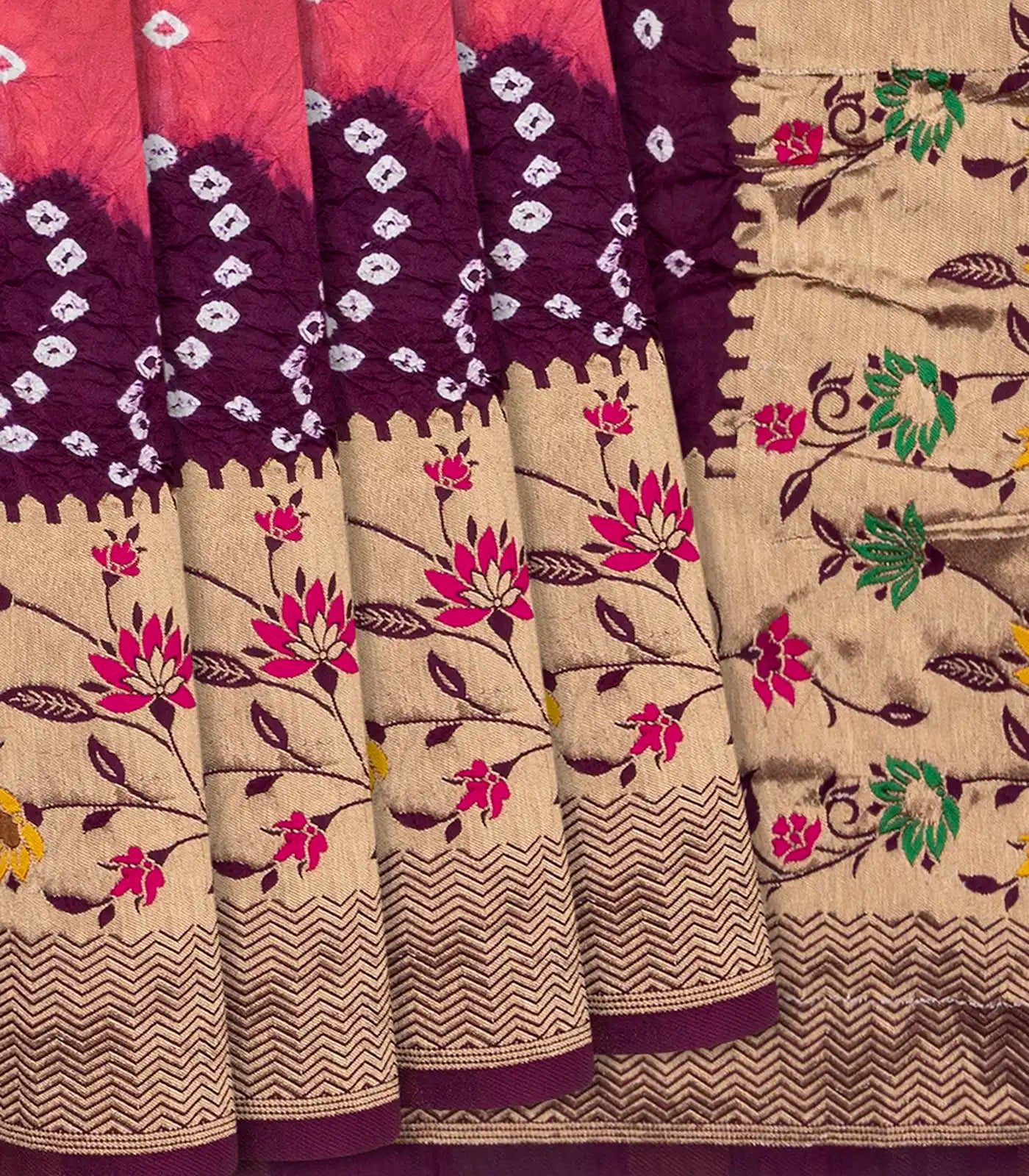RmKV Dark Peach Woven Blended Bandhej Saree With Paithani Border-Dark Peach