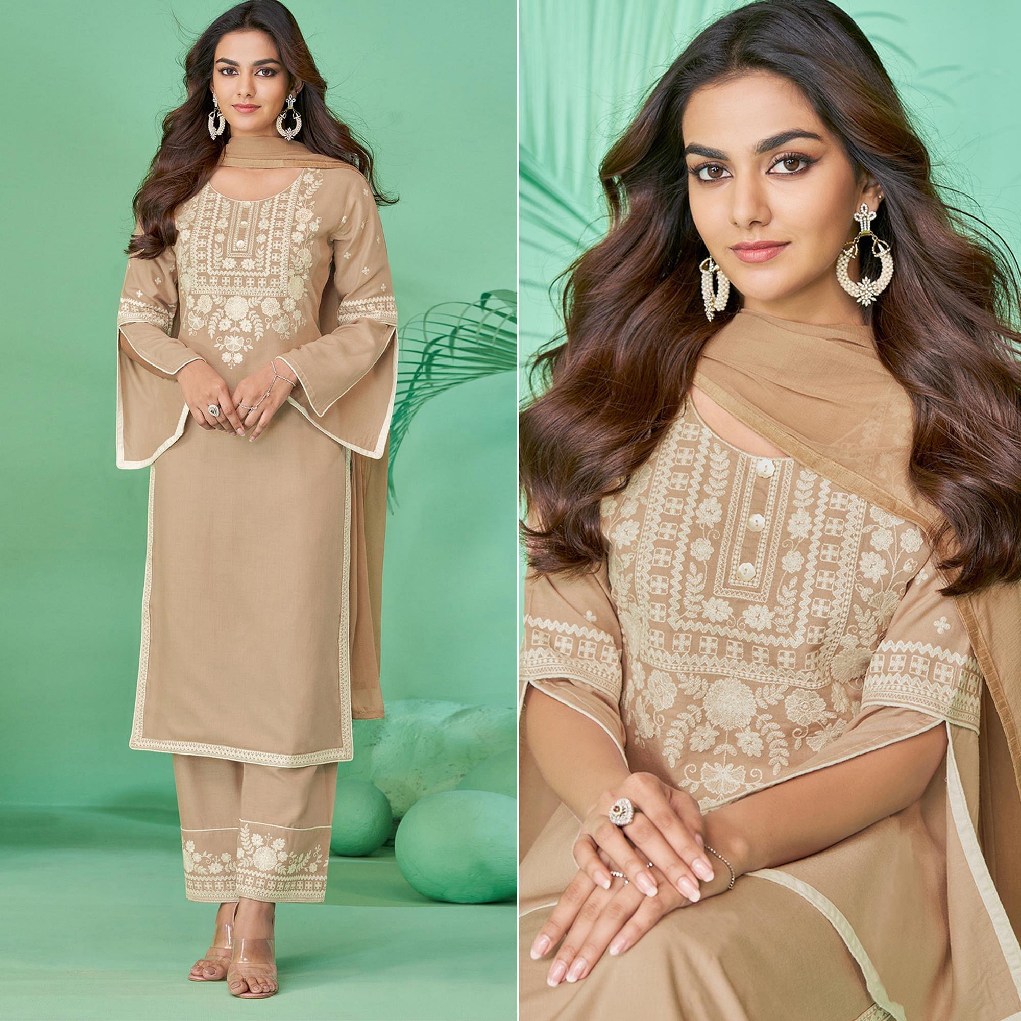 Peachmode Brown Lucknowi Embroidered Rayon Kurti Pant Set With Dupatta