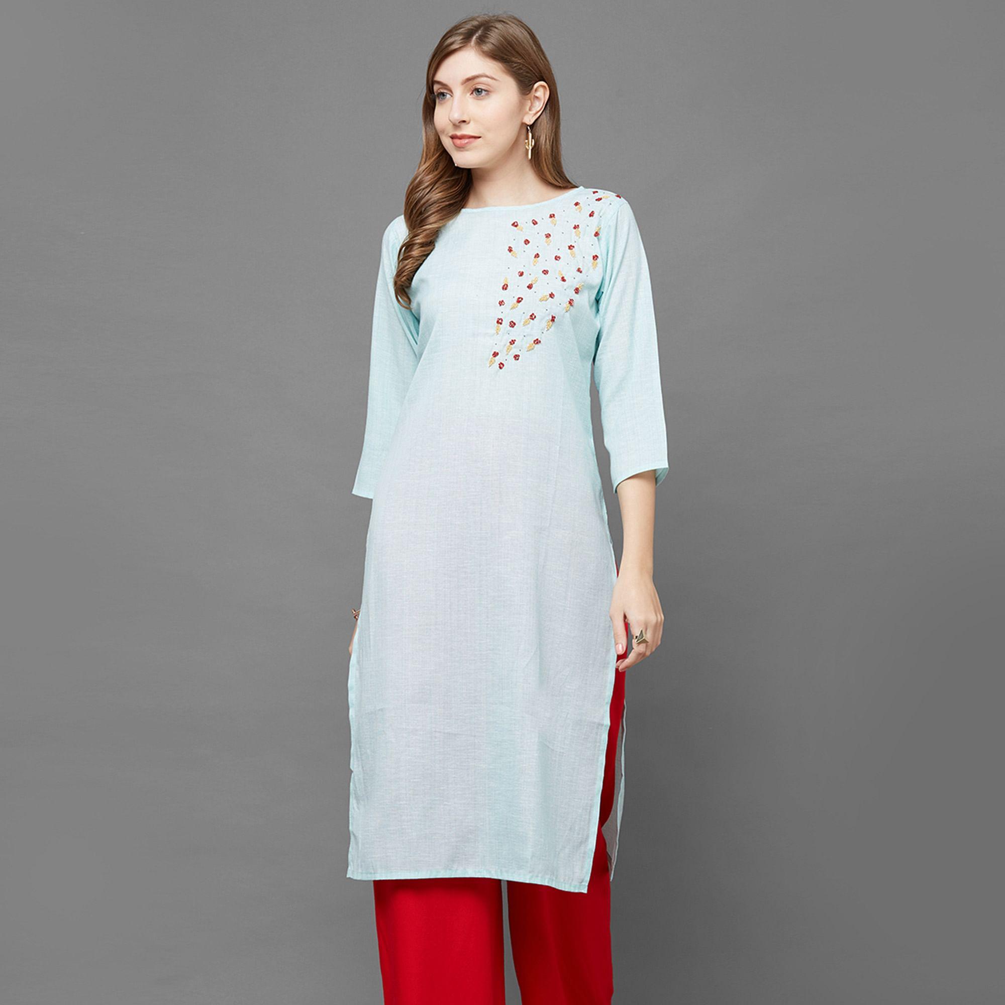 Peachmode Intricate Sky Blue Colored Casual Hand Embroidered Cotton Kurti