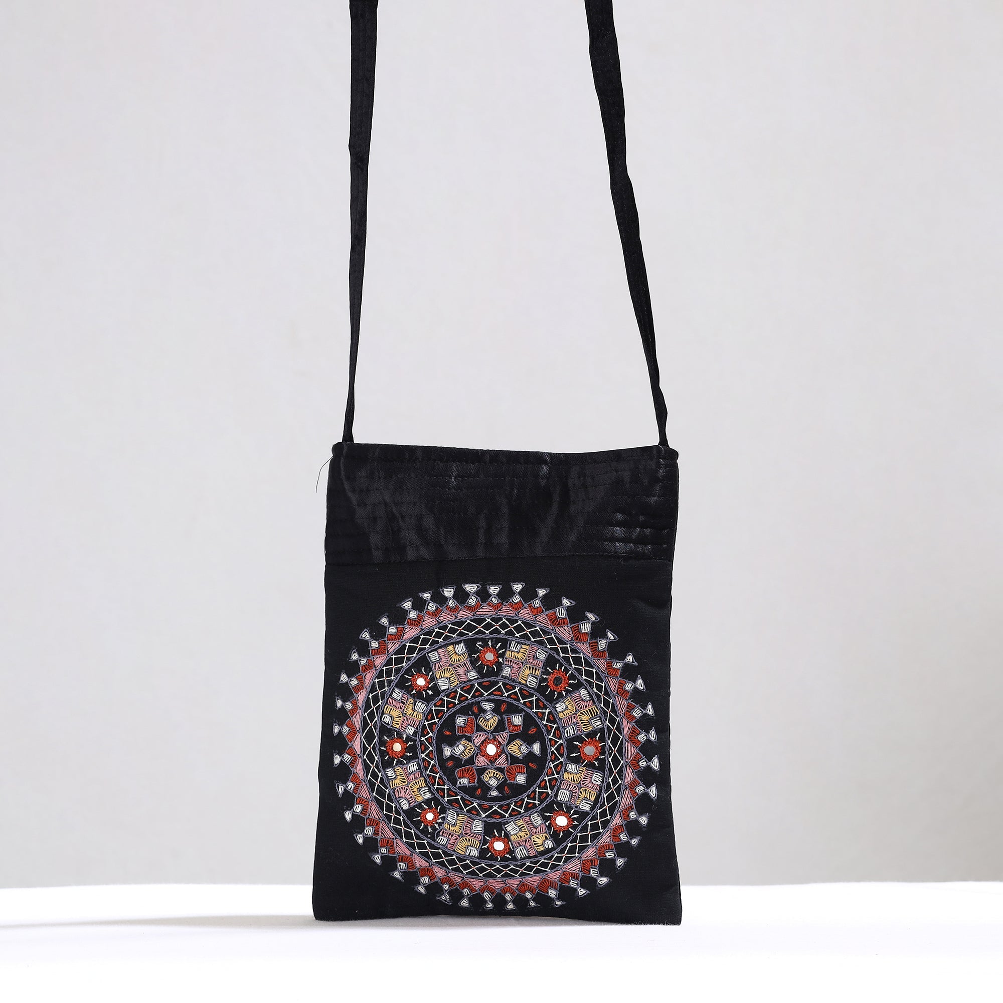 KACHCHH JI CHHAAP Black - Kutch Neran Hand Embroidery Mirror Work Mashru Silk Sling Bag 08 - view 3