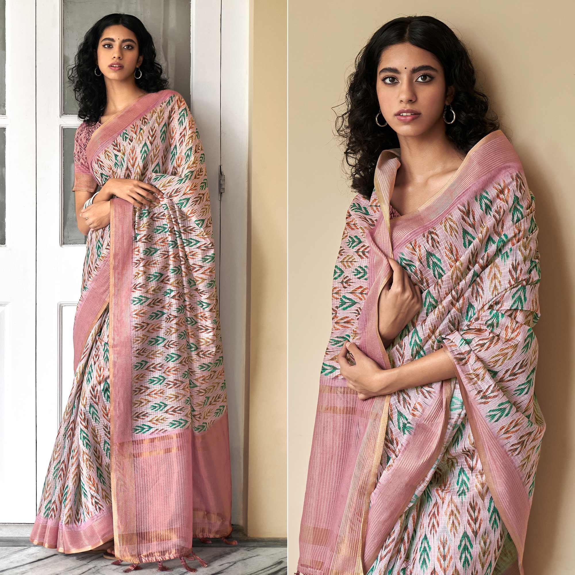 Peachmode Light Pink Digital Printed Art Silk Saree