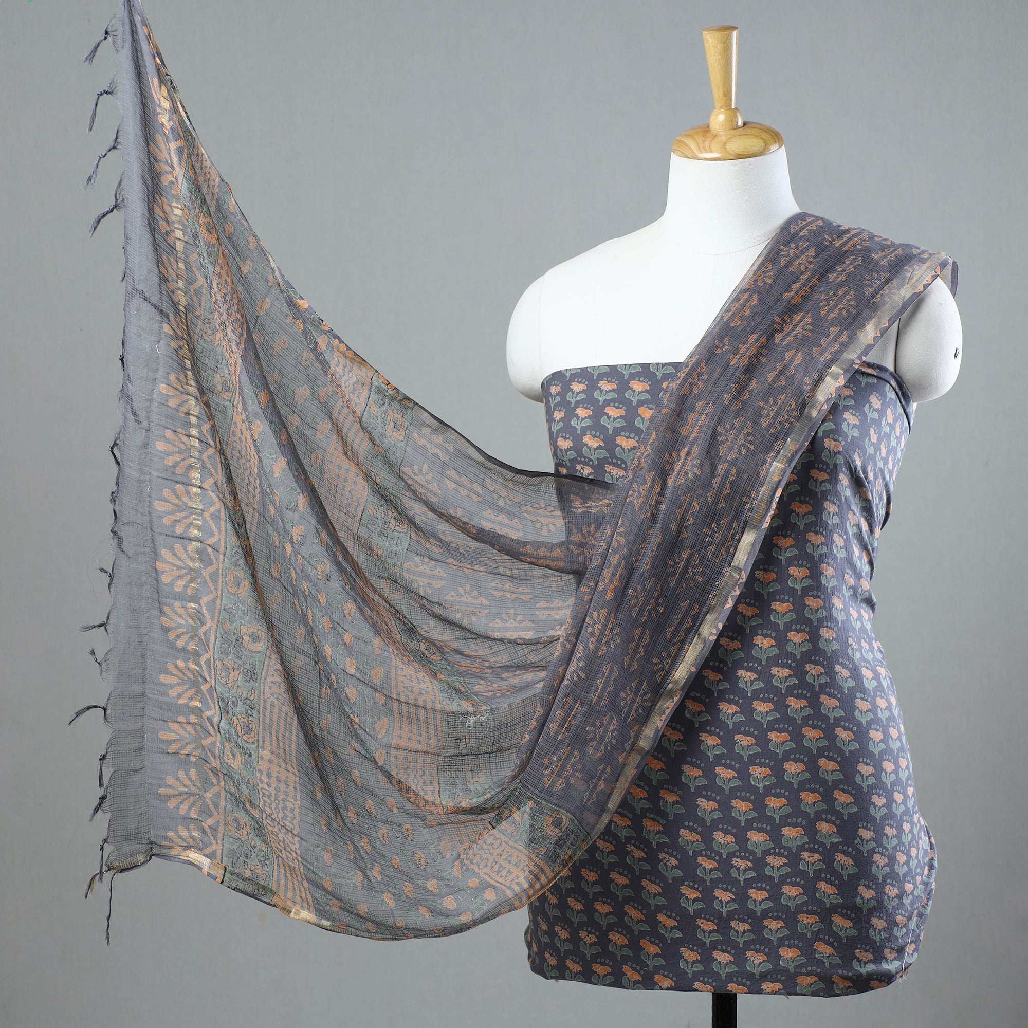 KUSUMLATA 3pc Sanganeri Block Printed Cotton Suit Material with Kota Doria Dupatta 02