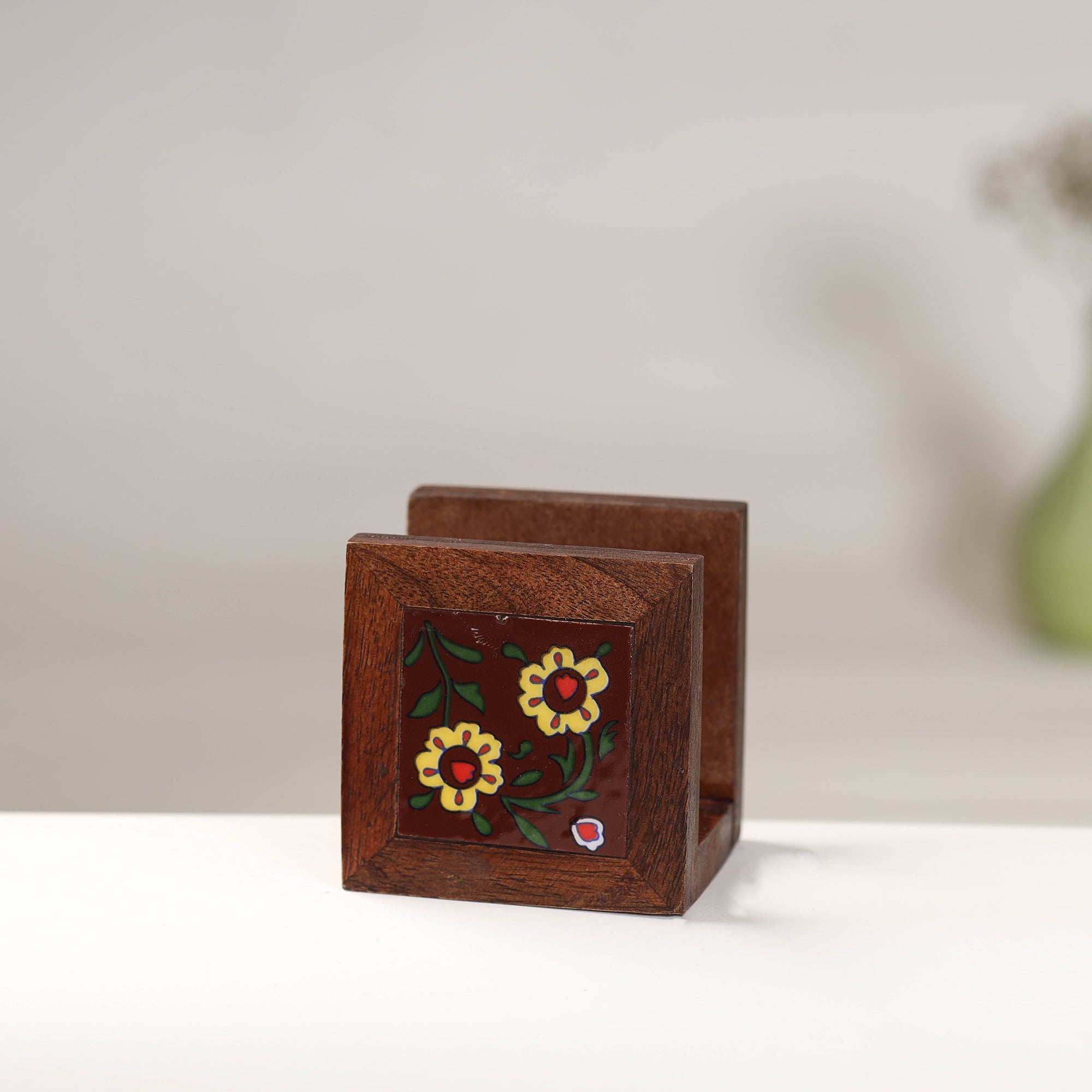 RAJASTHAN BLUE POTTERY Brown - Original Blue Pottery Ceramic Sheesham Wood Napkin Holder - view 4