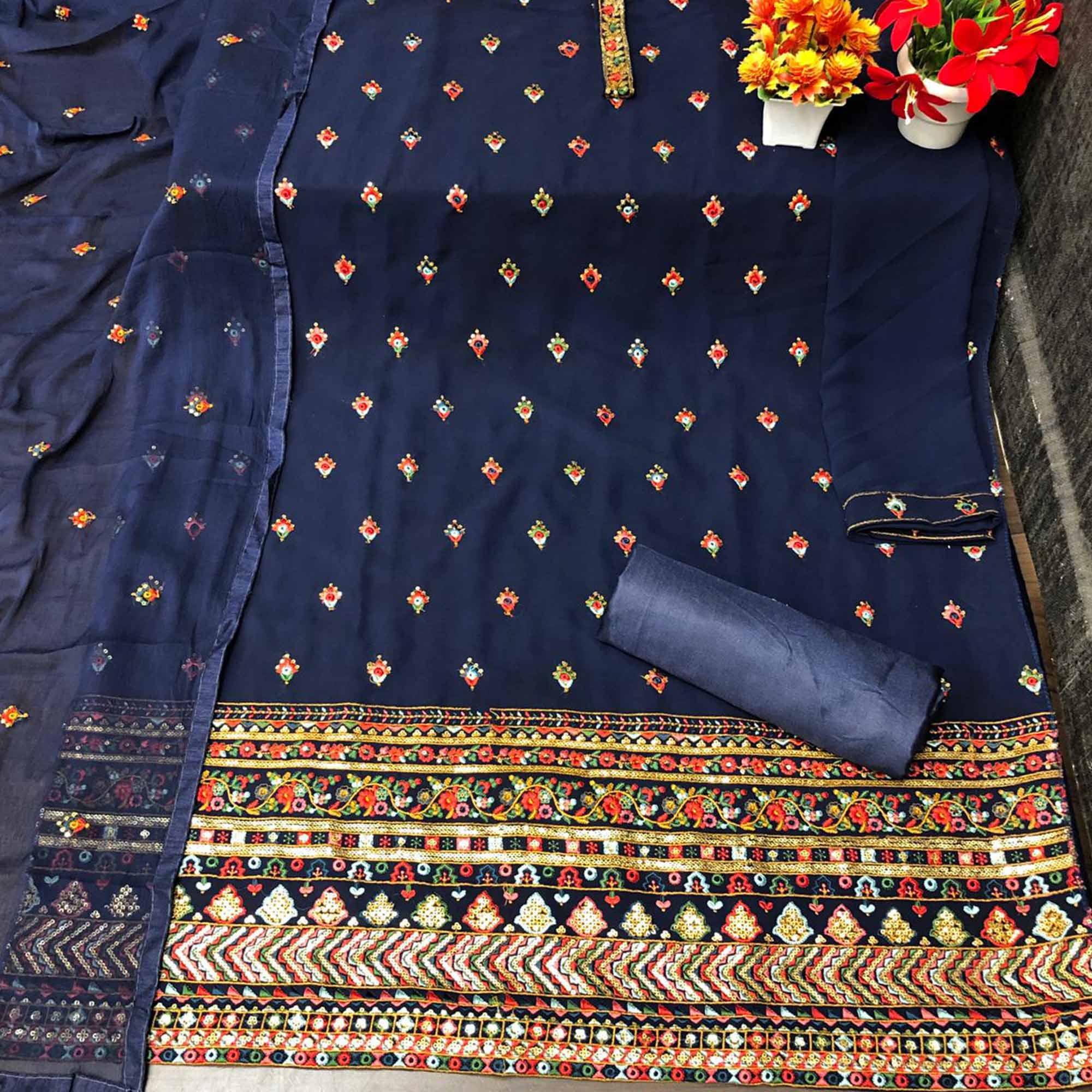 Peachmode Dark Blue Partywear Embroidered with Sequins Work Heavy Faux Georgette Patiala Suit - view 2