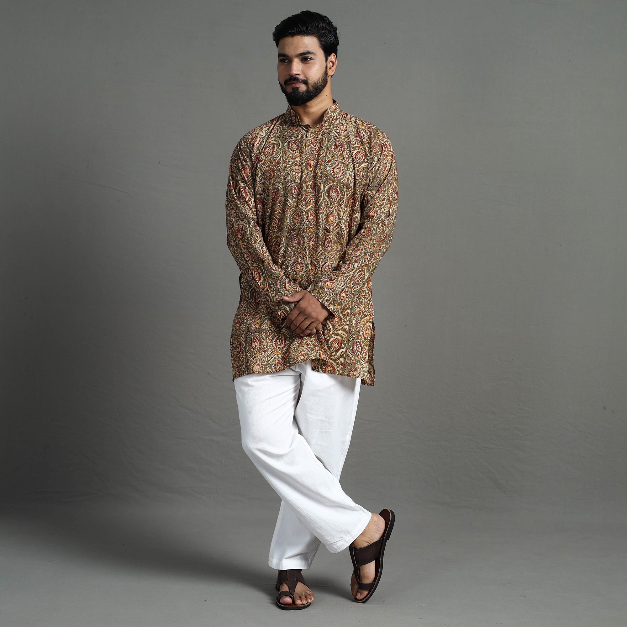 ITOKRI CASUALS Brown - Kalamkari Block Printed Cotton Men Short Kurta - view 2
