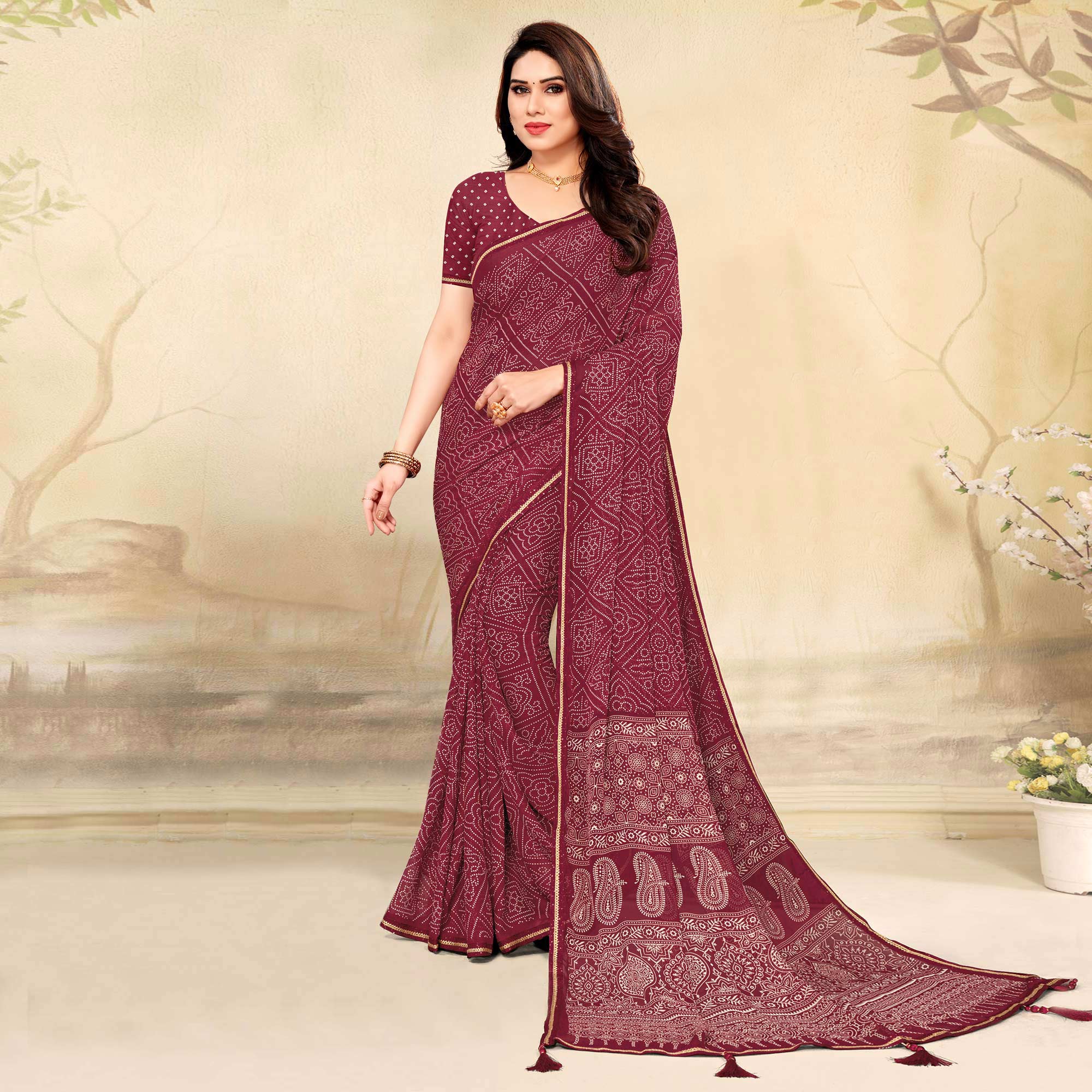Peachmode Maroon Bandhani Printed Chiffon Saree