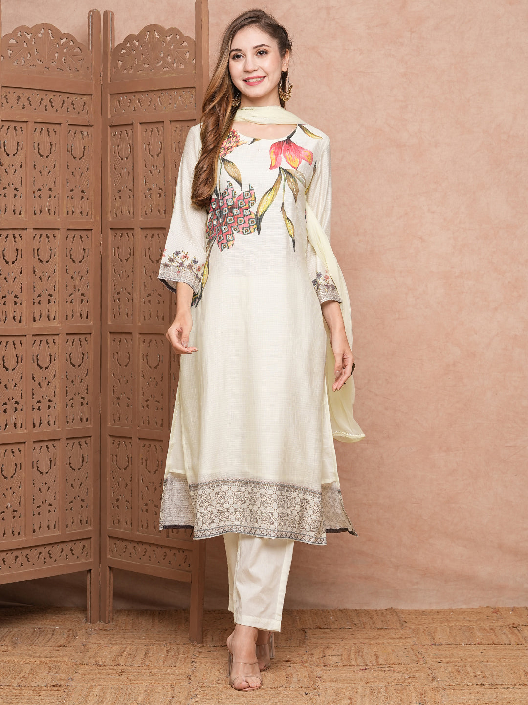 Fashor Floral Printed Mirror & Beads Embroidered Kurta with Pants & Dupatta - Off White