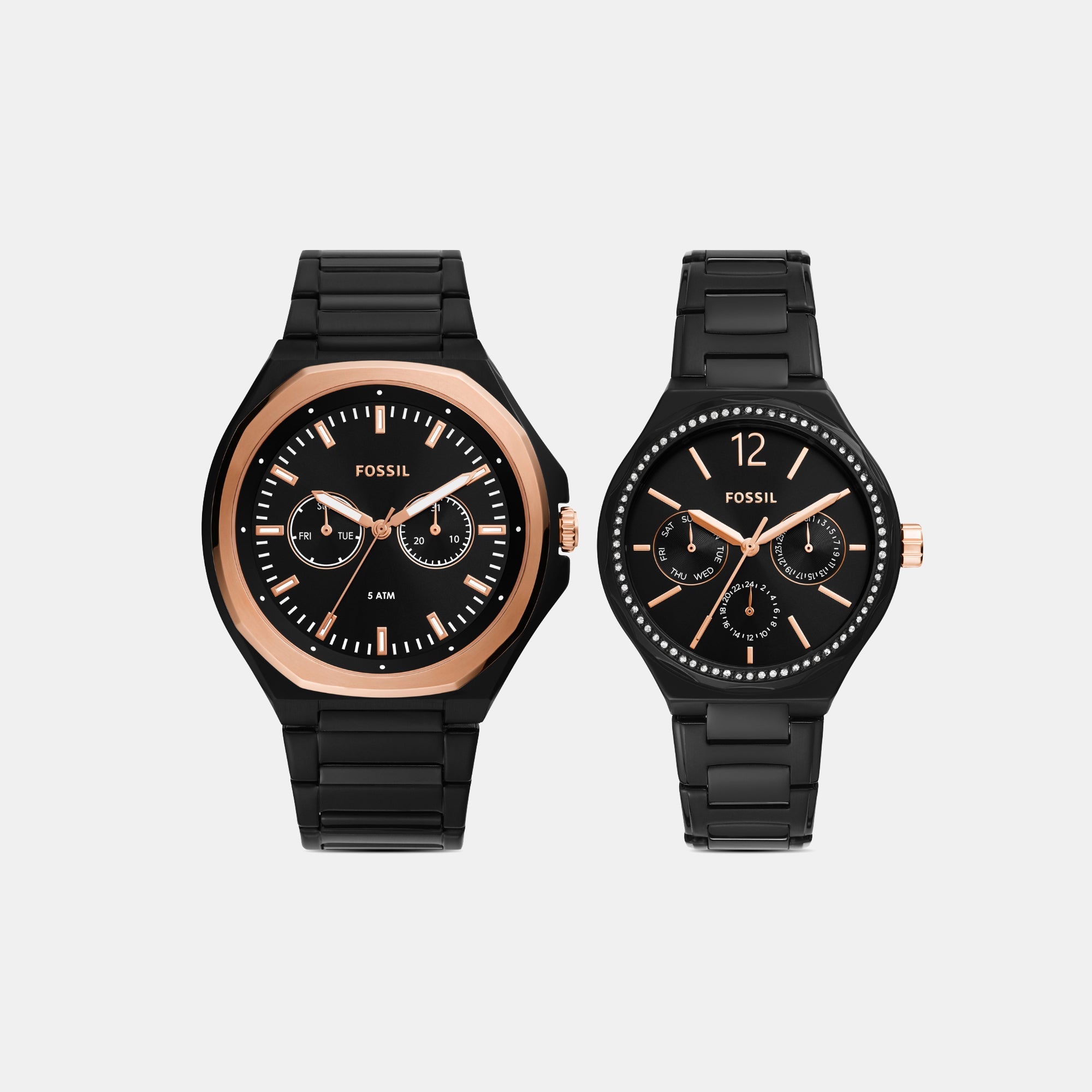Fossil Evanston Couple Quartz Black Dial Multi-Function Stainless Steel Watch BQ2645SET