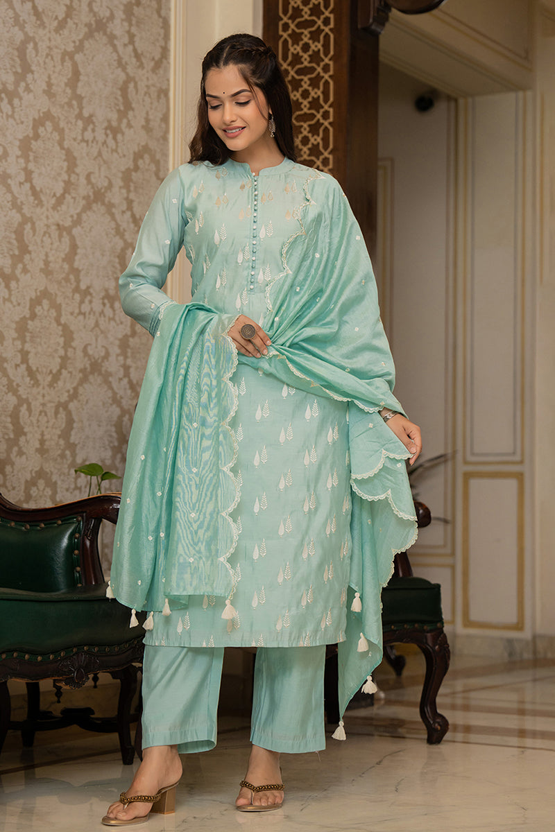 Ahika Sea Green Silk Blend Solid Embroidered Straight Suit Set With Trouser Bottom PKSKD2686 - view 3