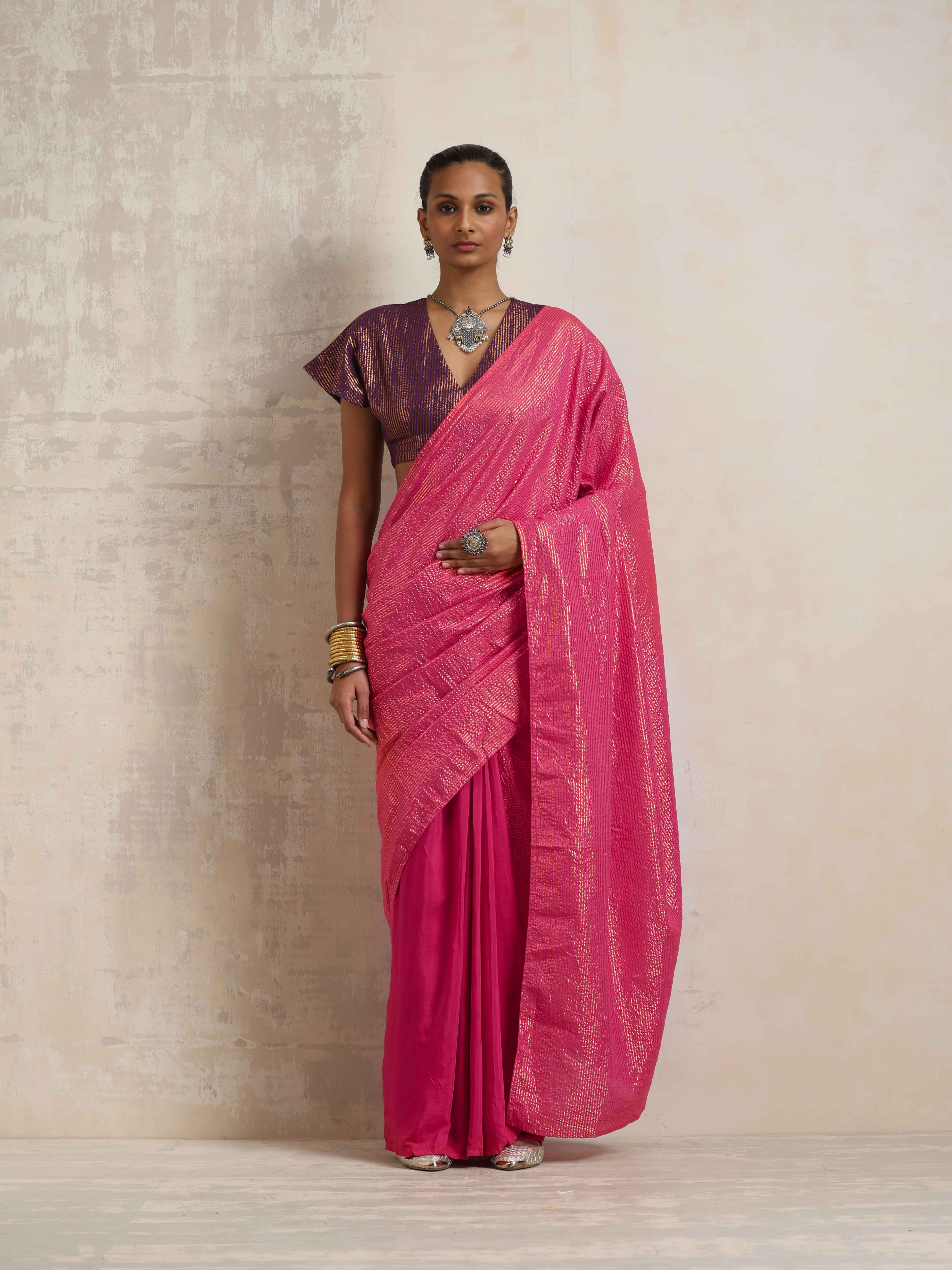 trueBrowns Pink Gold Metallic Ready To Wear Saree - view 2