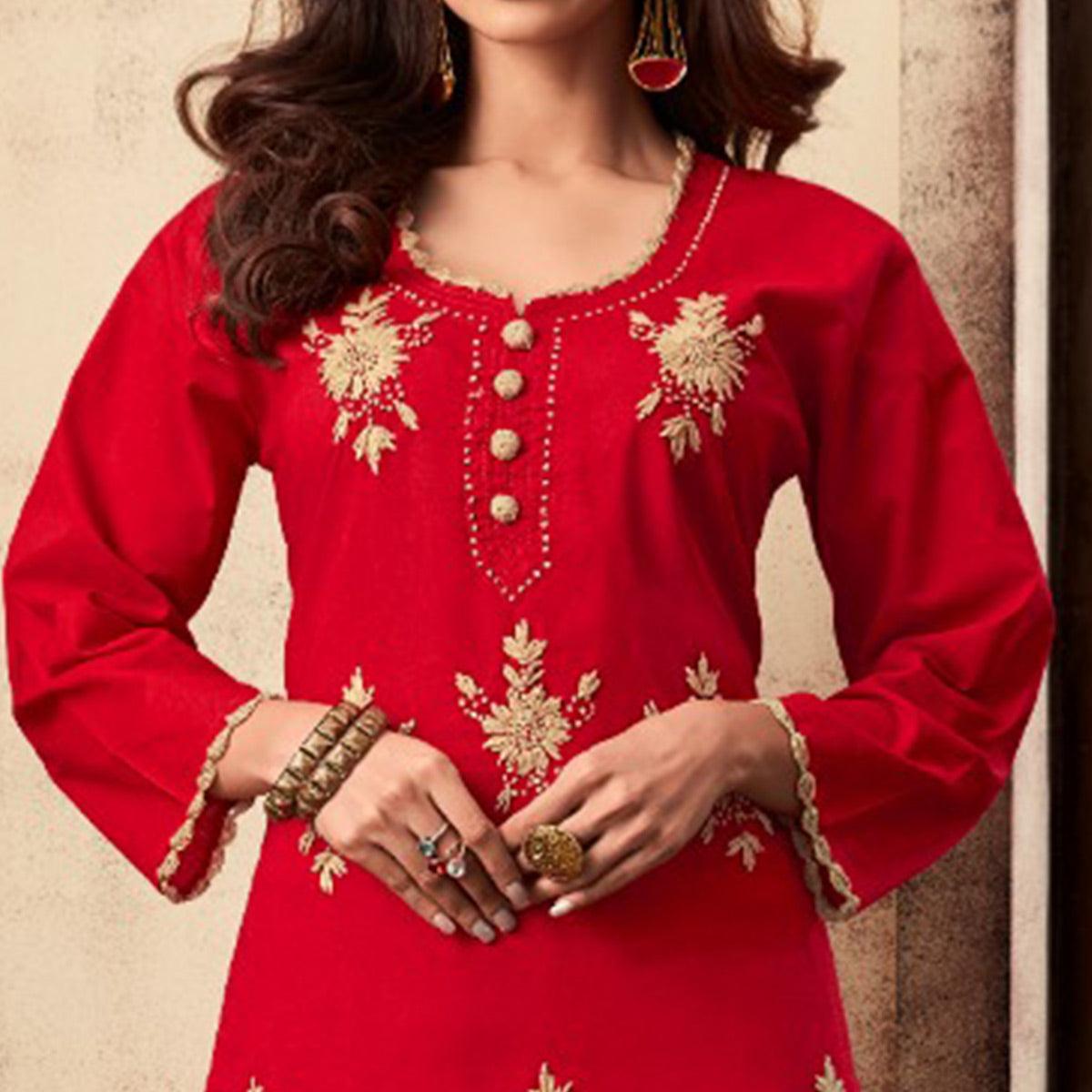 Peachmode Ideal Red Colored Casual Wear Embroidered Rayon Kurti Palazzo Set - view 2
