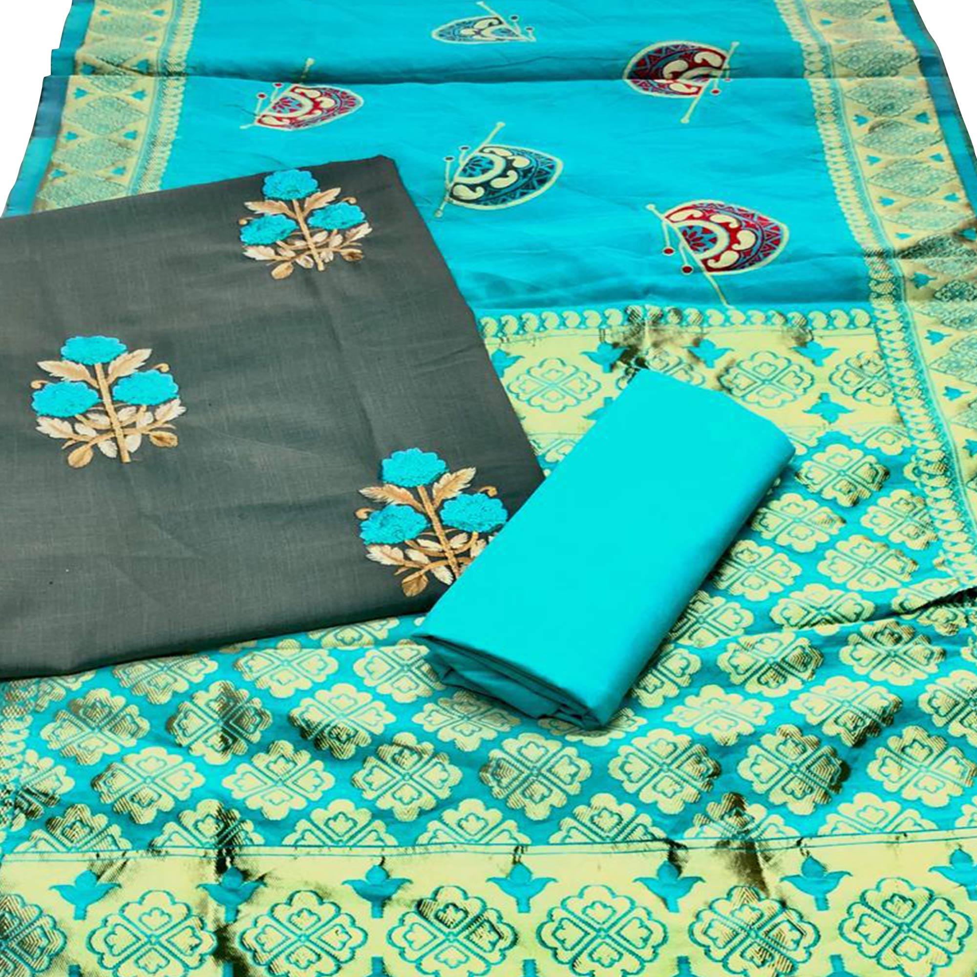 Peachmode Exotic Olive Green Colored Casual Wear Embroidered Cotton Dress Material With Banarasi Silk Dupatta