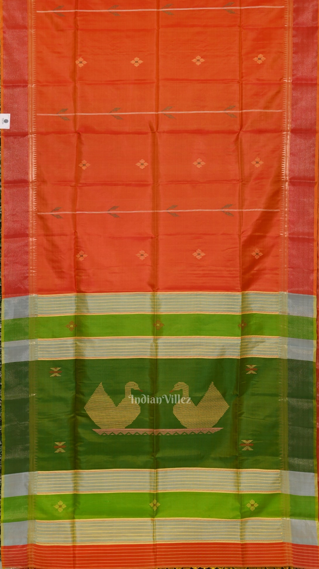 IndianVillèz Orange Green Pure Bishnupuri Silk Saree - view 2