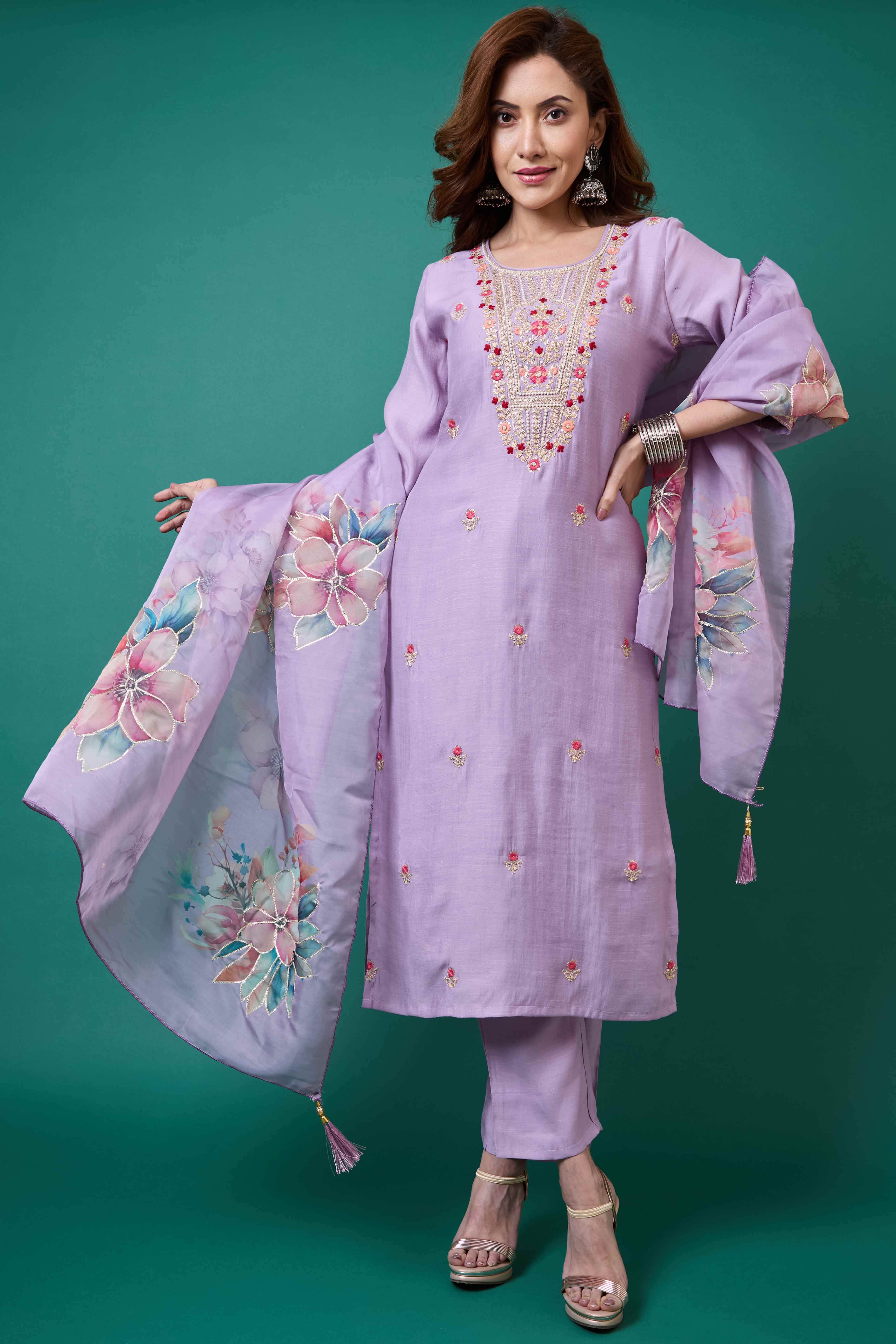 Peachmode Lavender Handwork Embroidered Viscose Straight Salwar Suit