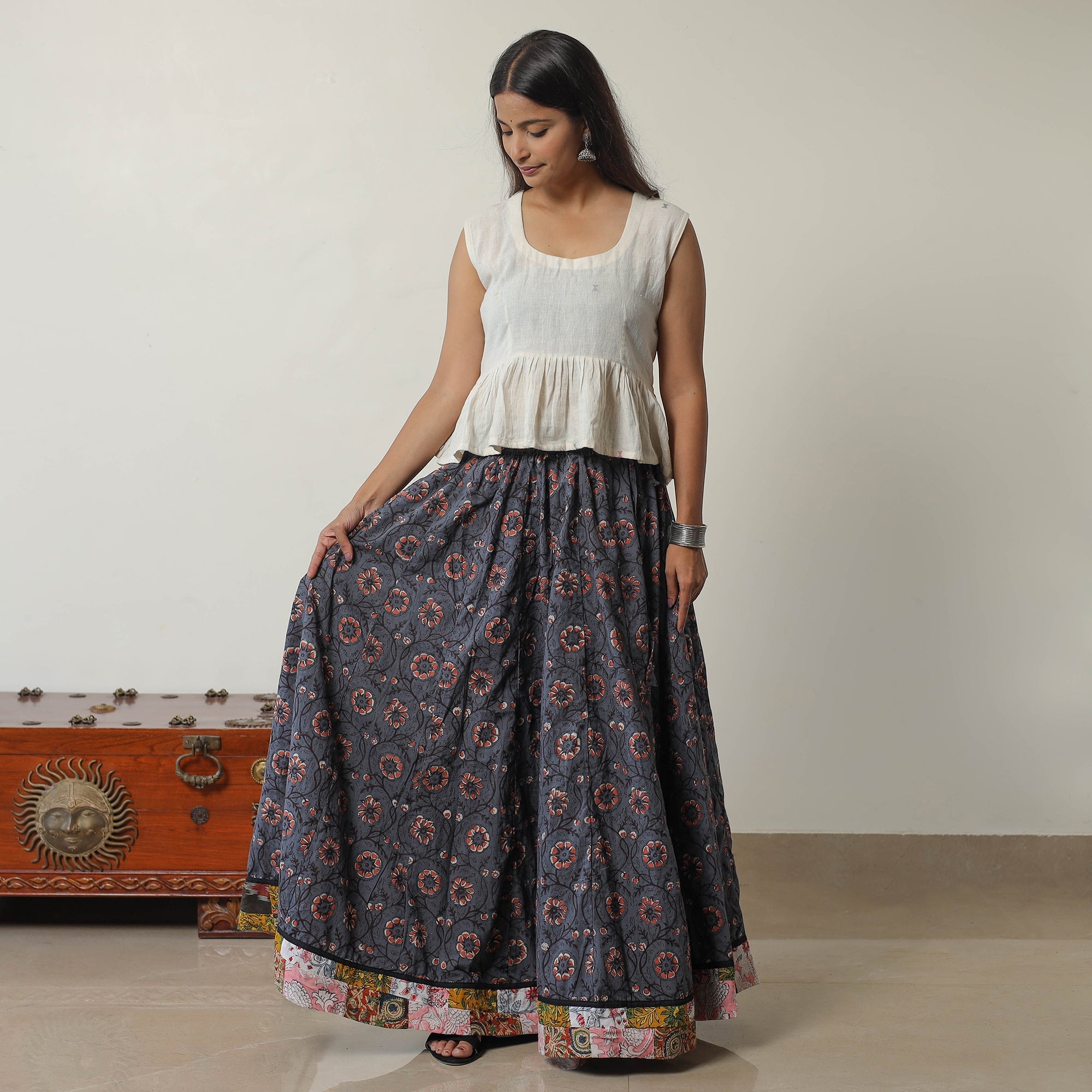 NOORI BAZAR Blue - Bagru Block Printed 24 Kali Patchwork Cotton Long Skirt 17 - view 2