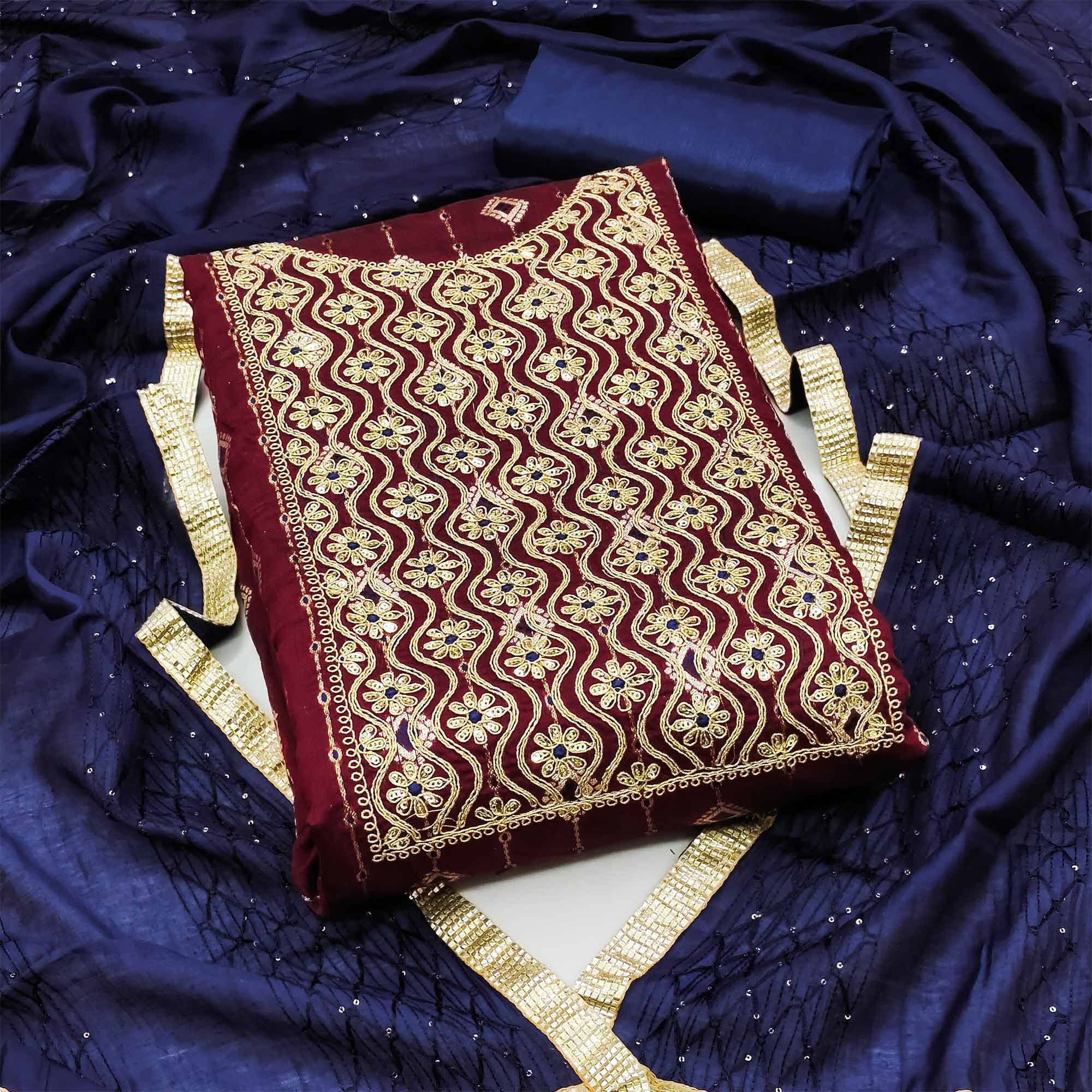 Peachmode Maroon Woven With Embroidered Modal Dress Material
