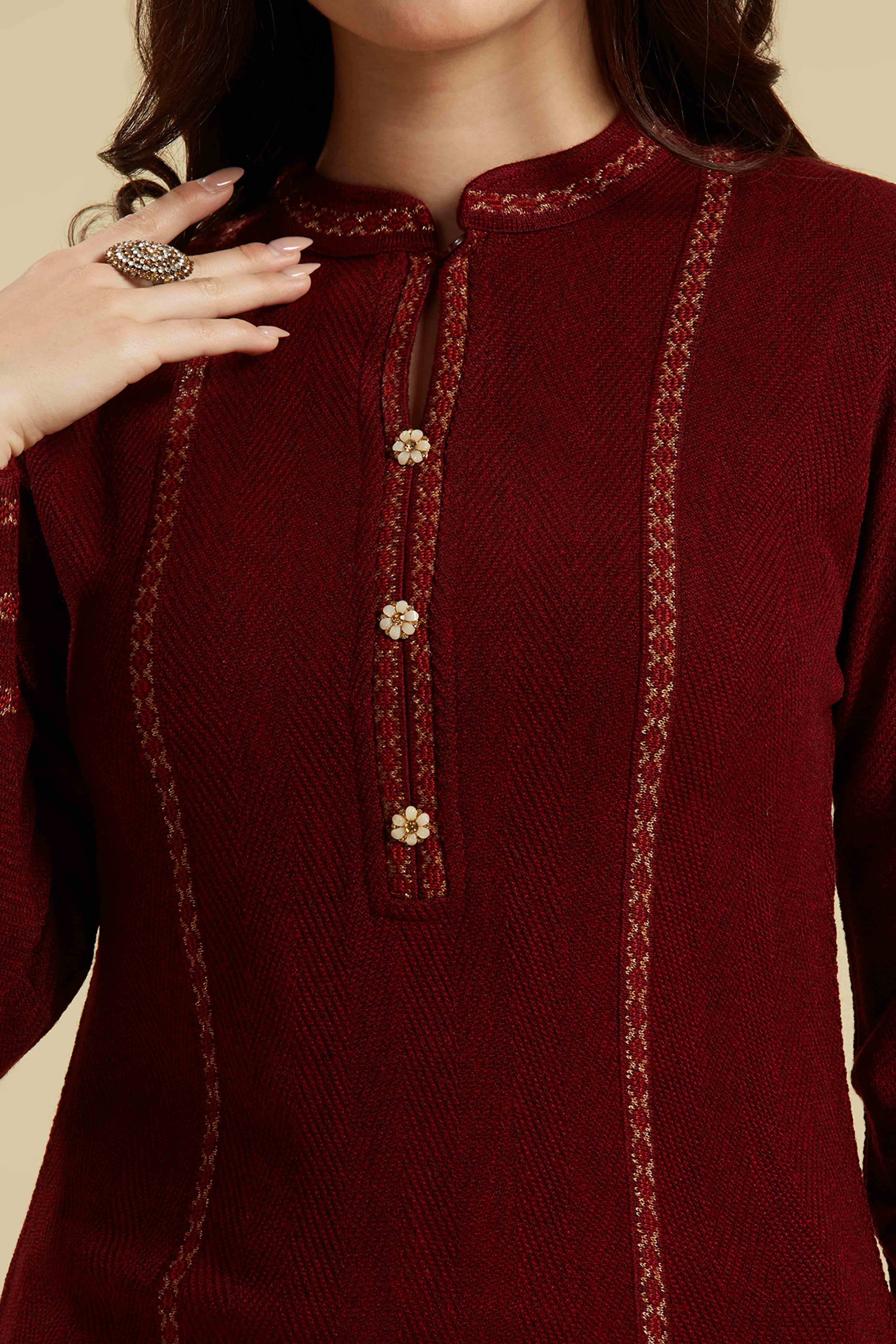 Peachmode Maroon Woven Woolen Straight Top Bottom Set - view 2