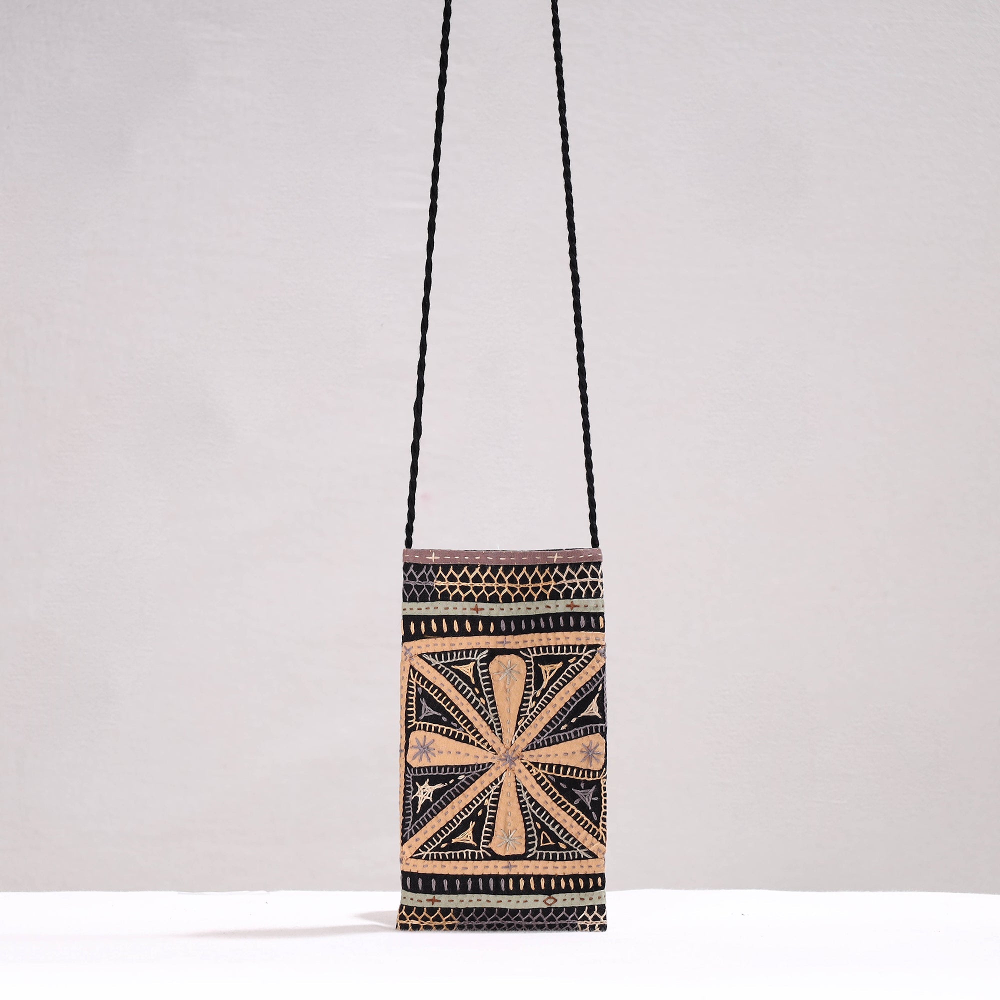 QASAB Black - Kutch Dhebariya Qatab Hand Embroidery Cotton Sling Dori Mobile Pouch