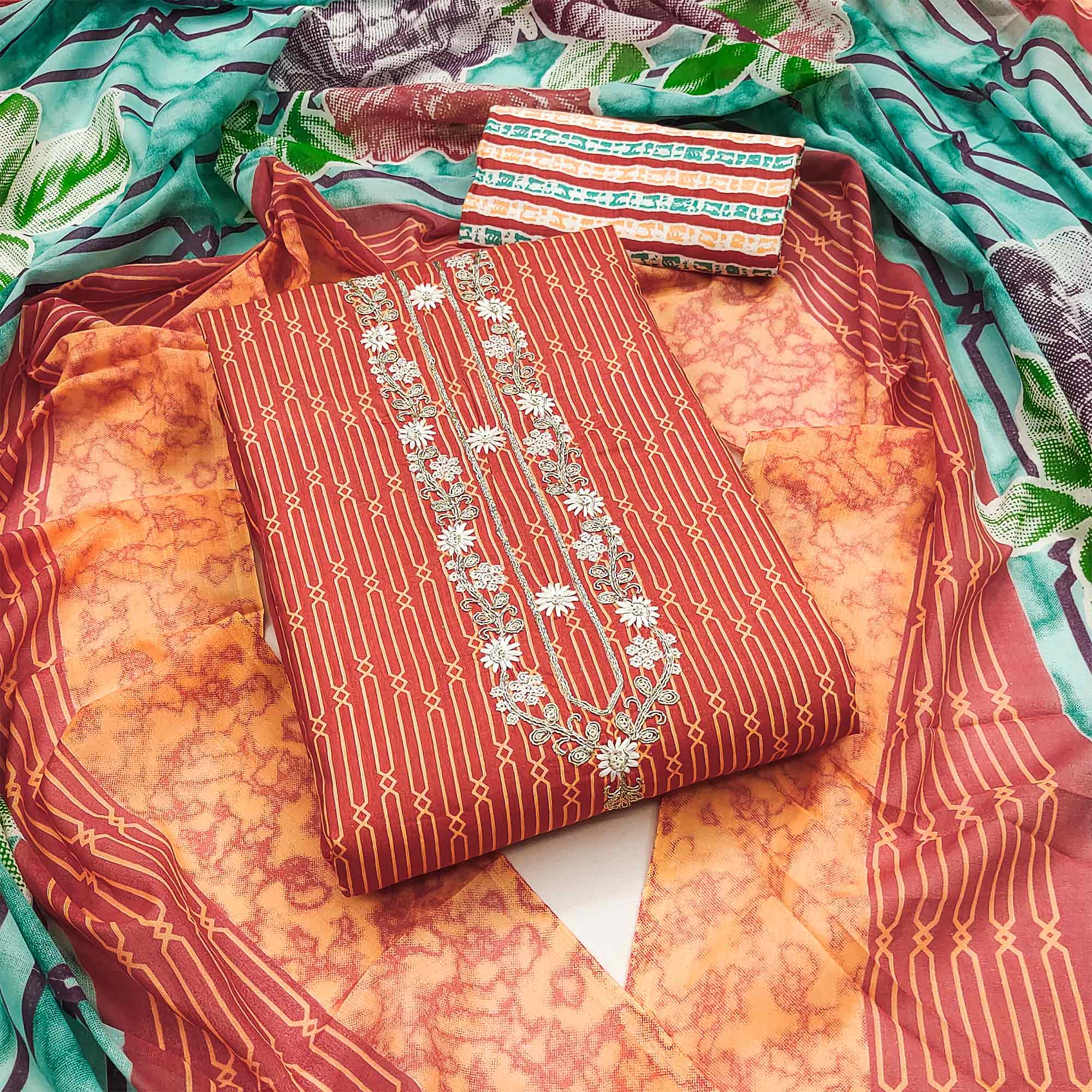 Peachmode Dusty Orange Printed Pure Cotton Unstitched Dress Material