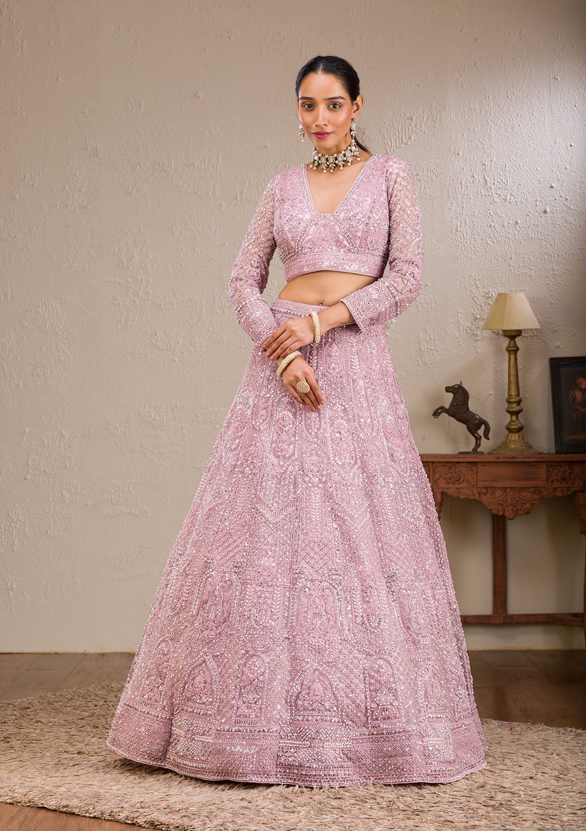 Koskii Pink Pearlwork Net Readymade Lehenga – Women's - view 4