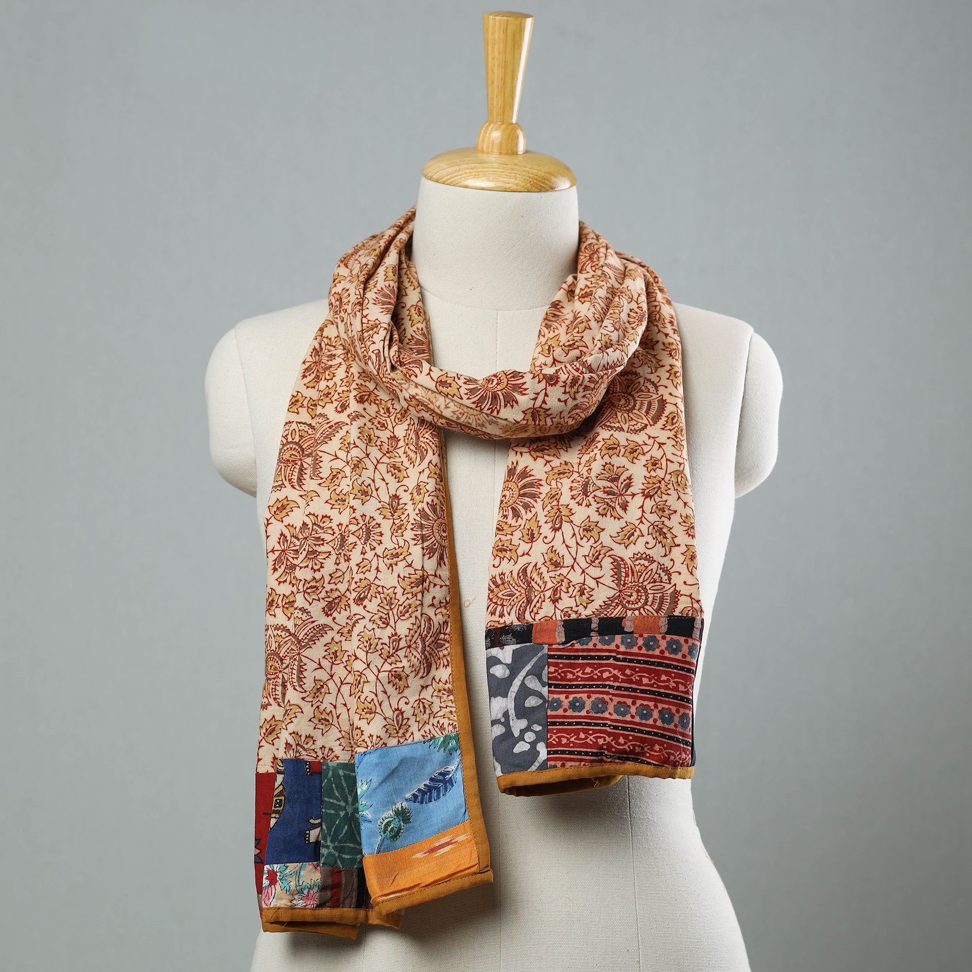 STOLES & SCARVES Beige - Kalamkari Block Printed Cotton Patchwork Stole 24