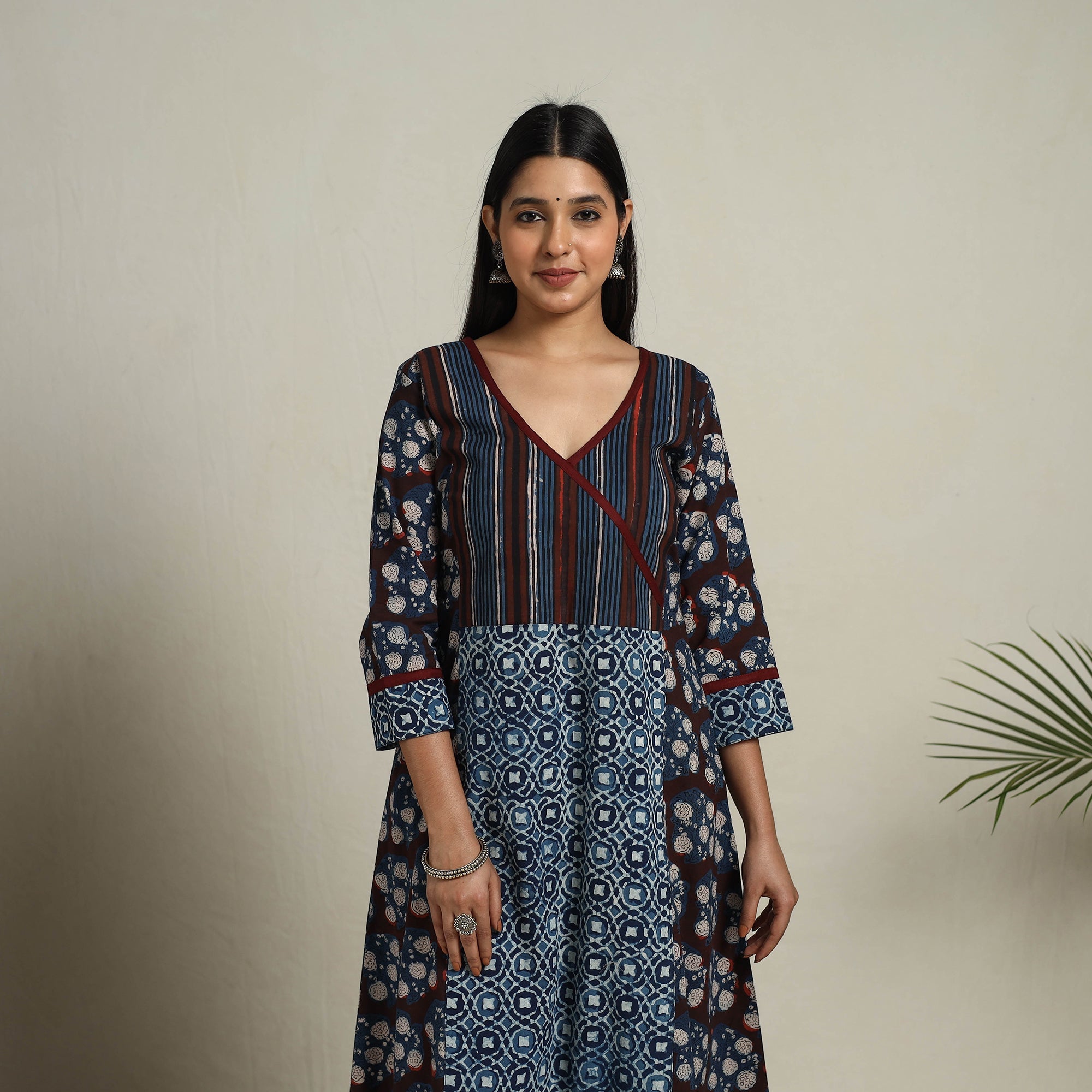 ITOKRI CASUALS Brown - Block Print Mosaic Fusion A-Line Bagru Cotton Kurta