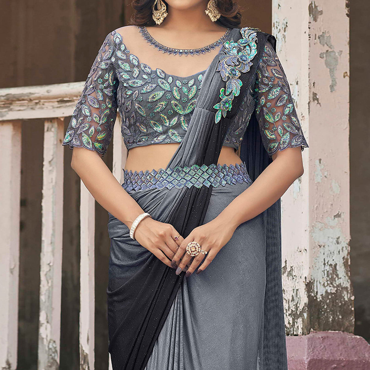 Peachmode Seller Grey Sequins Embroidered Ready To Wear Lycra Saree - view 3
