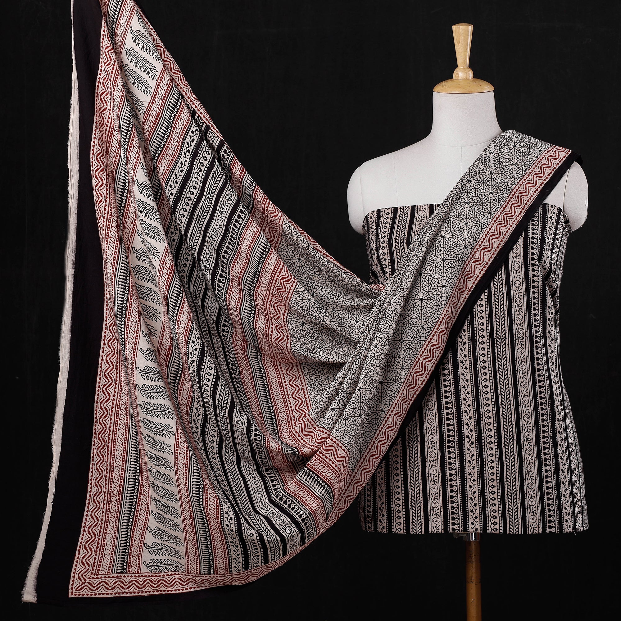 BAGH PRINTS BY MOHAMMED BILAL KHATRI Black - 3pc Natural Dyed Cotton Bagh Print Suit Material Set 09