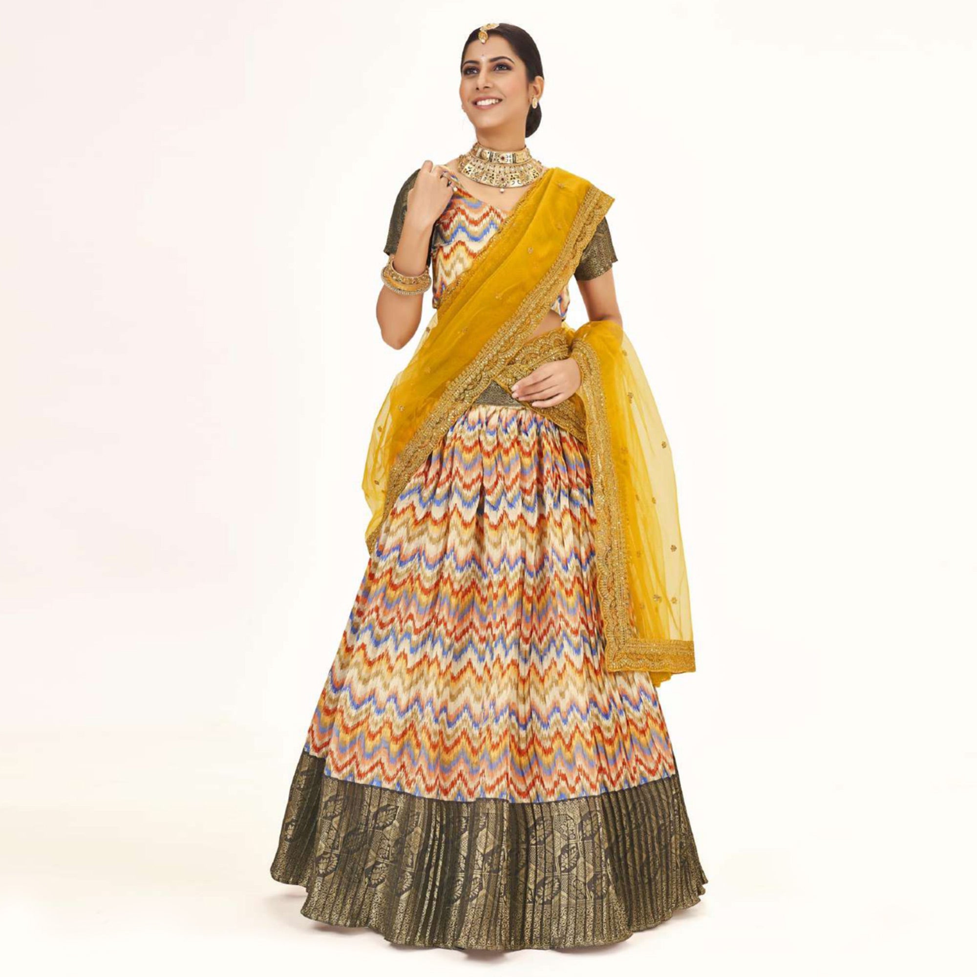Peachmode Multicolor Digital Printed With Zari Work Art Silk Lehenga Choli