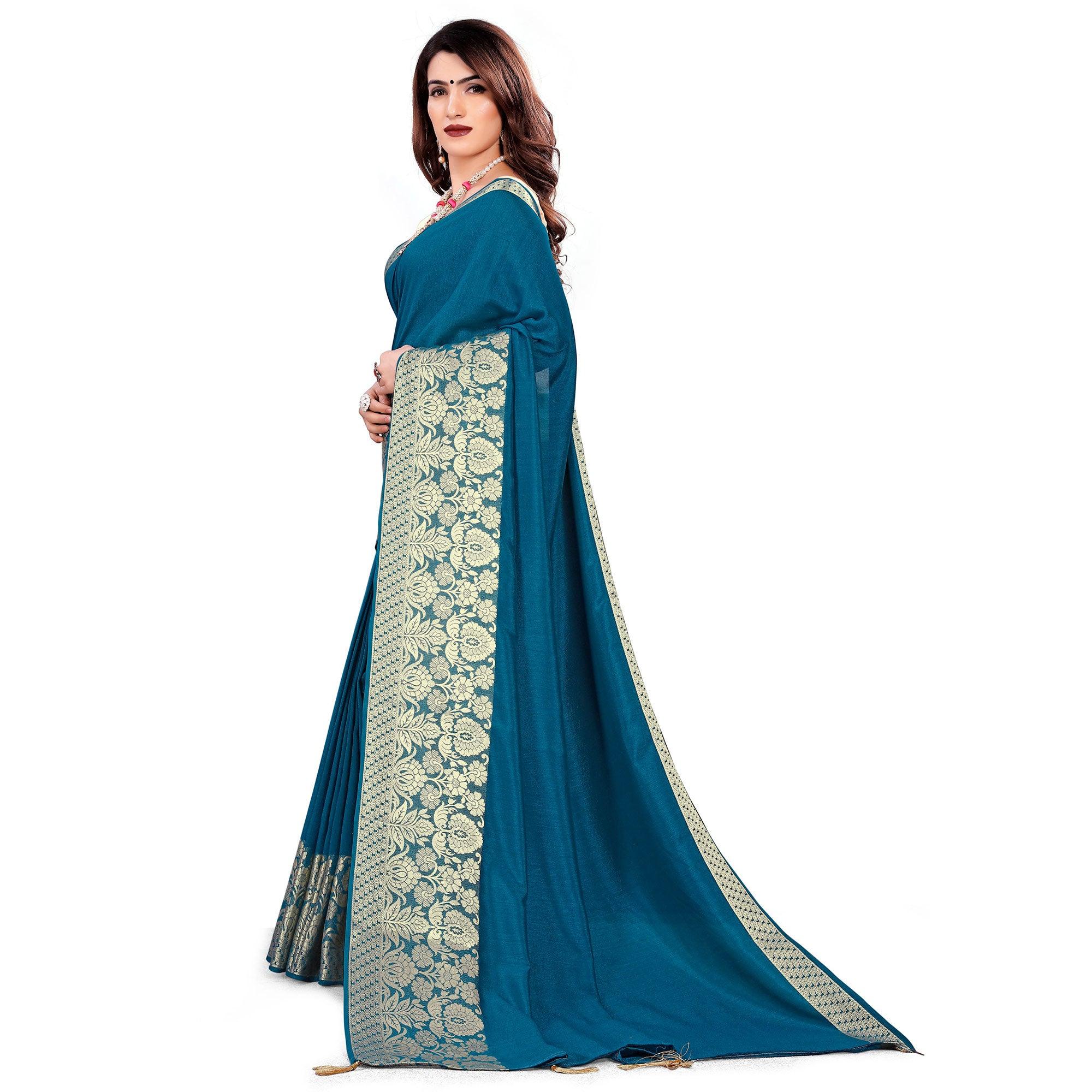 Peachmode Classy Teal Blue Colored Festive Wear Woven Art Silk Saree With Tassels - view 3