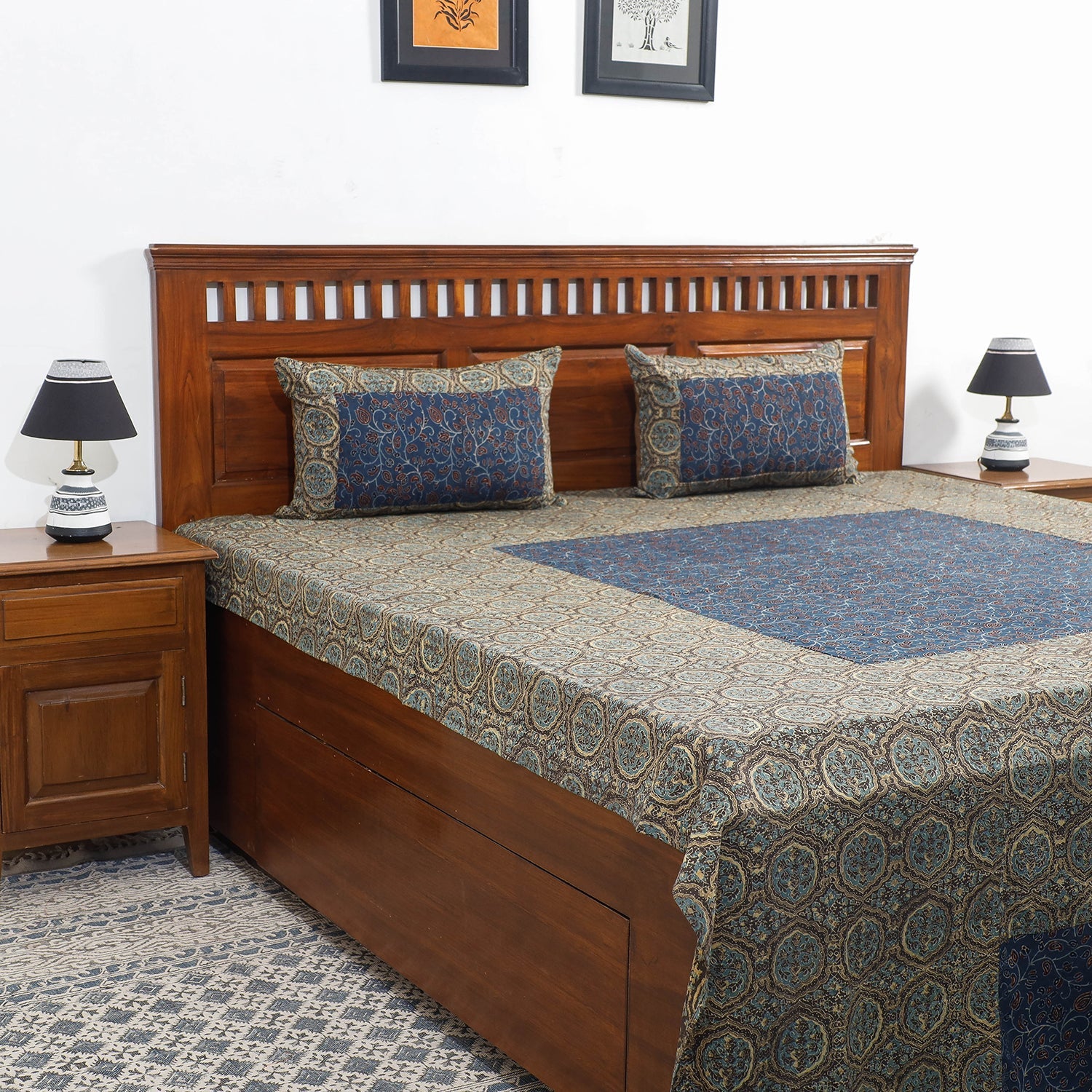 HAVELI CHRONICLES Brown - Ajrakh Patch Tukdi Kaam Cotton Double Bed Cover with Pillow Covers (109 x 86 in)