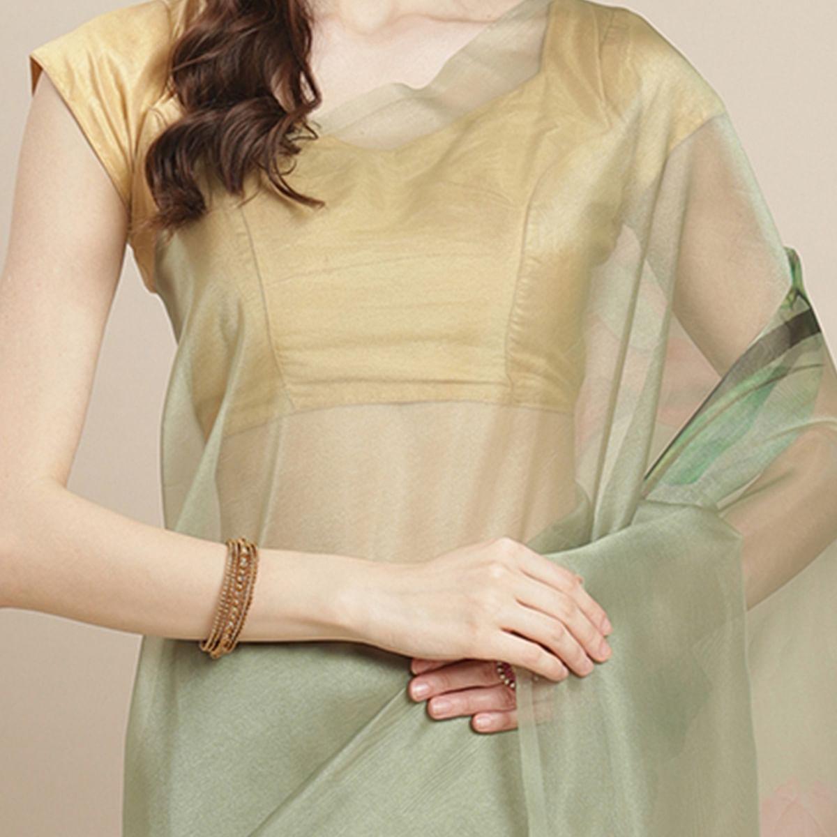 Peachmode Eye-catching Pastel Green Colored Casual Wear Printed Organza Saree - view 5