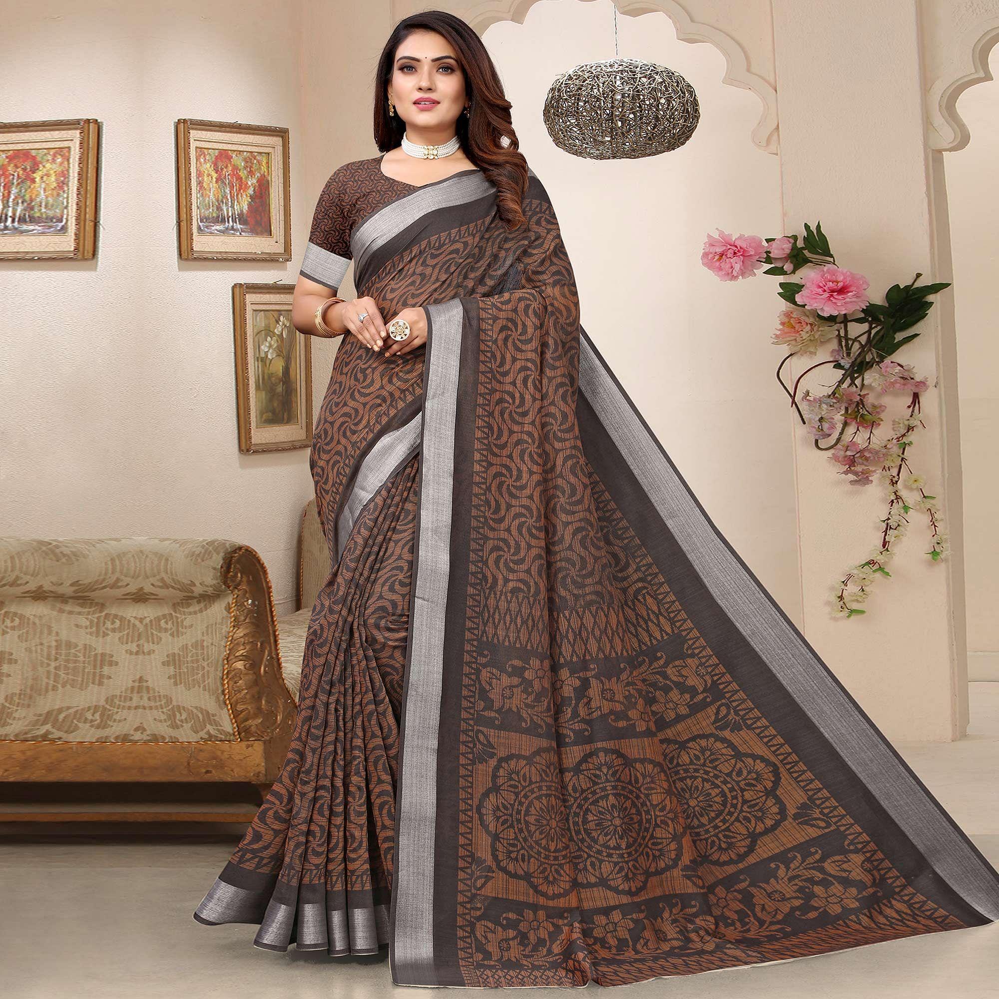 Peachmode Coffee Printed Linen Saree – Women's