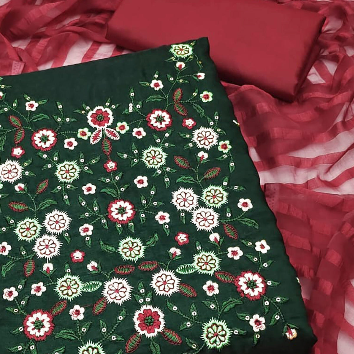 Peachmode Bottle Green Floral Sequins Embroidered Cotton Blend Dress Material - view 2