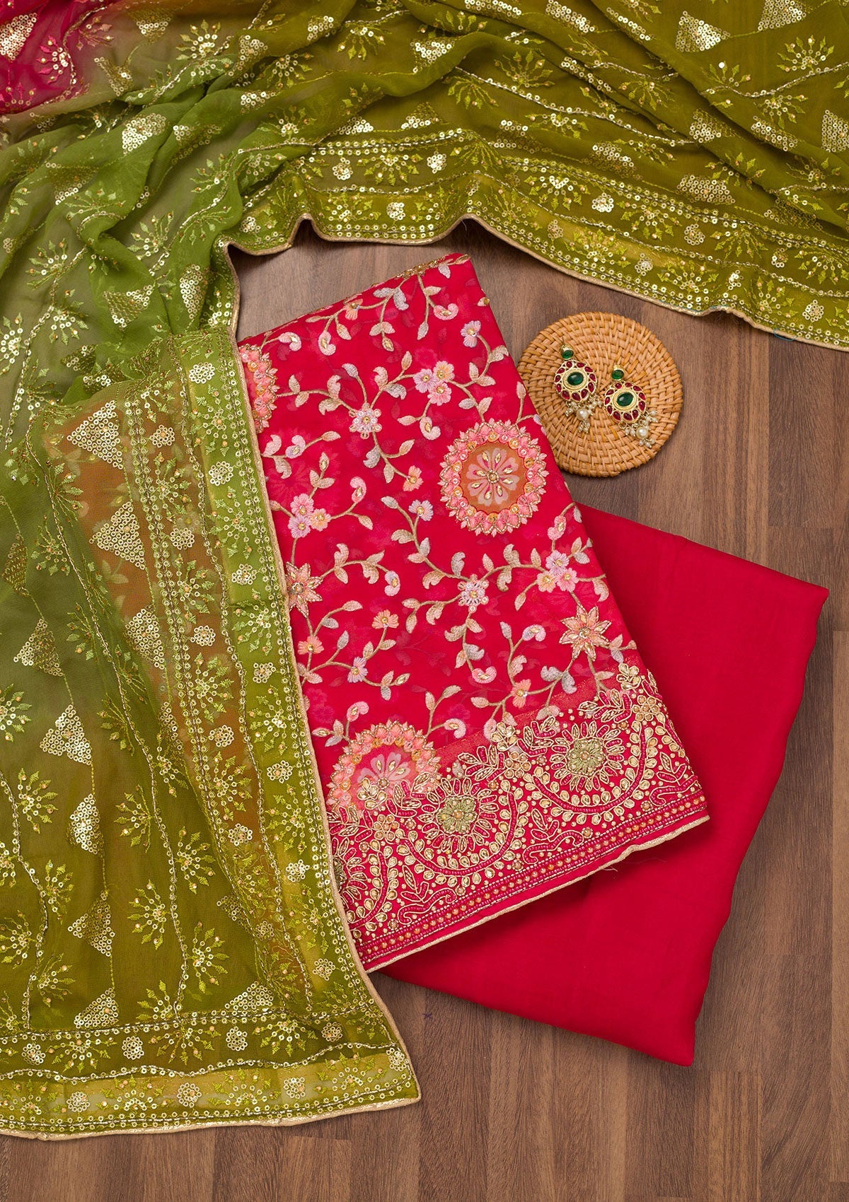 Koskii Red Threadwork Semi Crepe Unstitched Salwar Suit