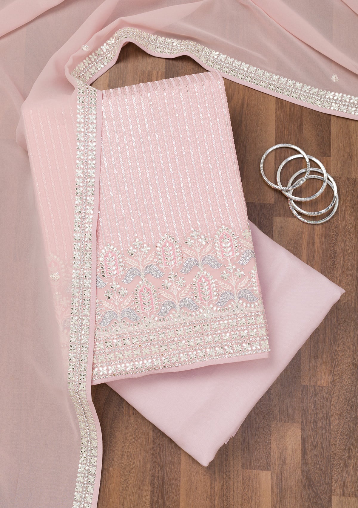 Koskii Pink Threadwork Georgette Unstitched Salwar Suit